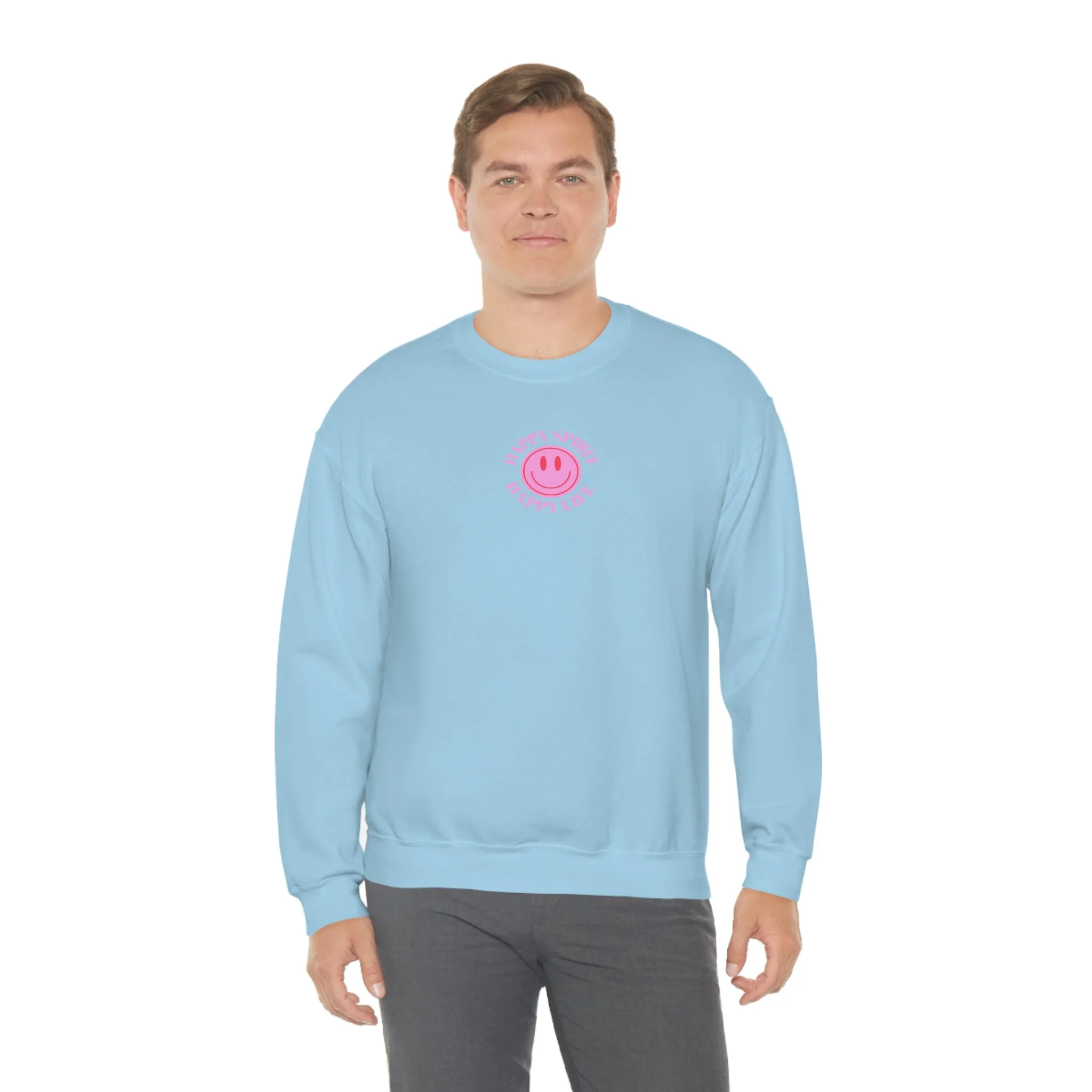 Copy of Happy Spirit Happy Life Sweatshirt, Gildan VSCO Girl Crewneck, Oversized Tumblr Front Back Print Smile Happy Mind Trendy Loungewear