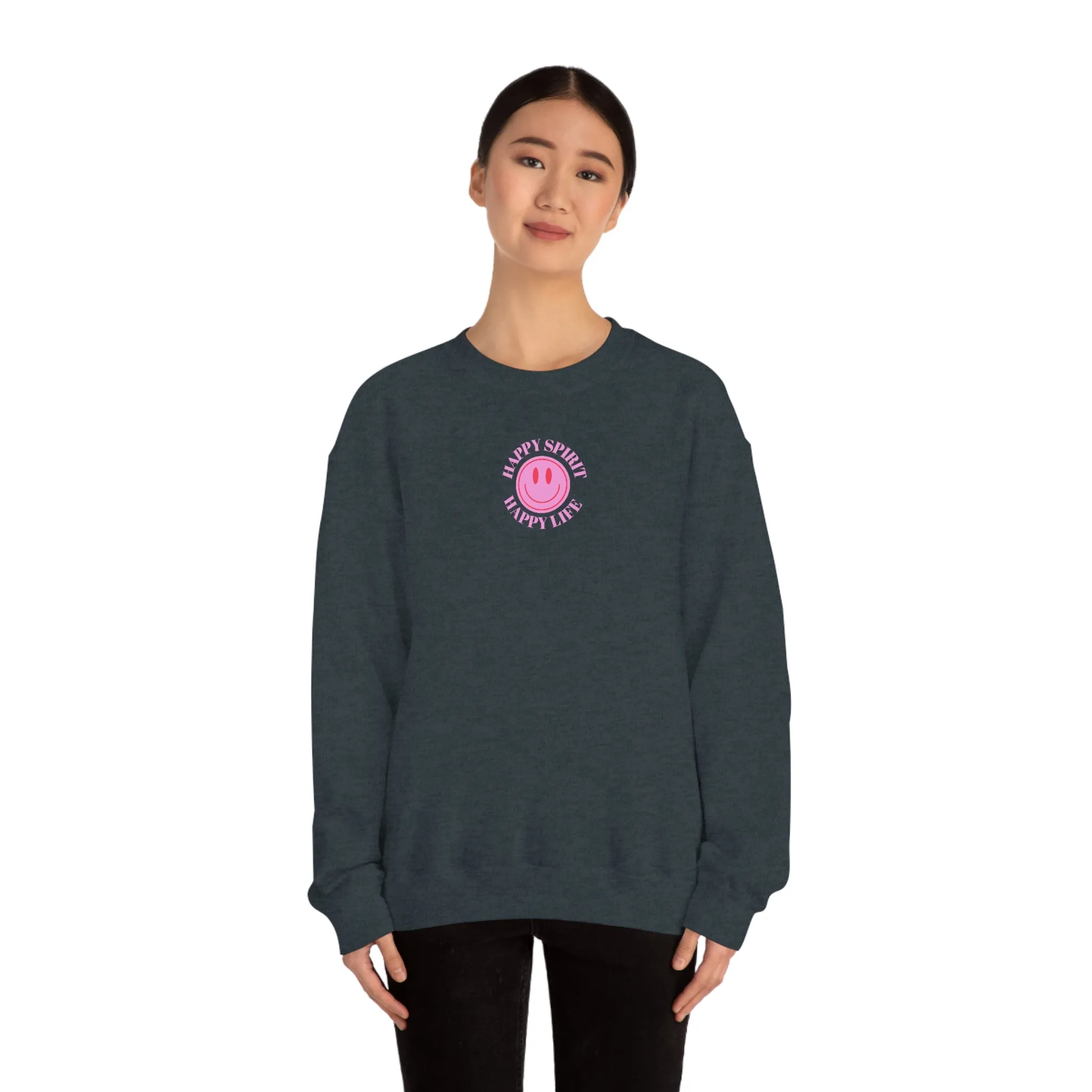 Copy of Happy Spirit Happy Life Sweatshirt, Gildan VSCO Girl Crewneck, Oversized Tumblr Front Back Print Smile Happy Mind Trendy Loungewear