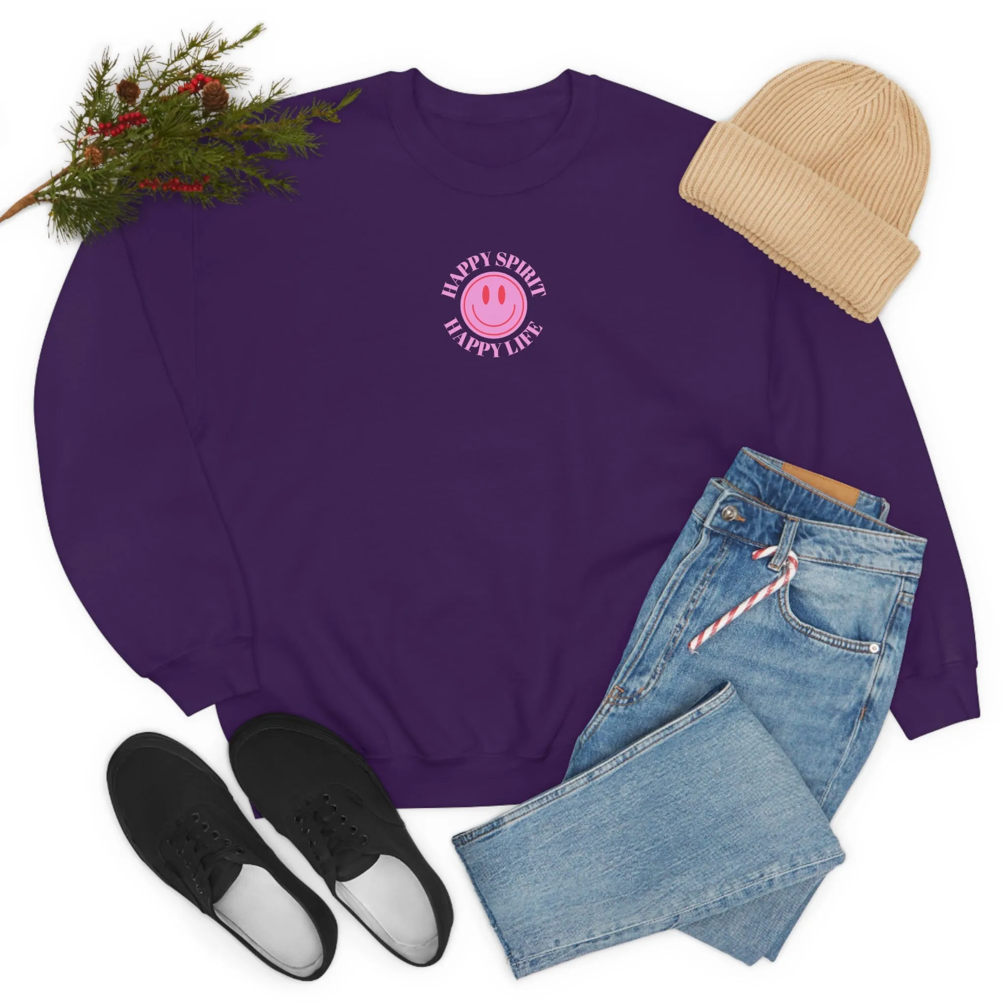 Copy of Happy Spirit Happy Life Sweatshirt, Gildan VSCO Girl Crewneck, Oversized Tumblr Front Back Print Smile Happy Mind Trendy Loungewear
