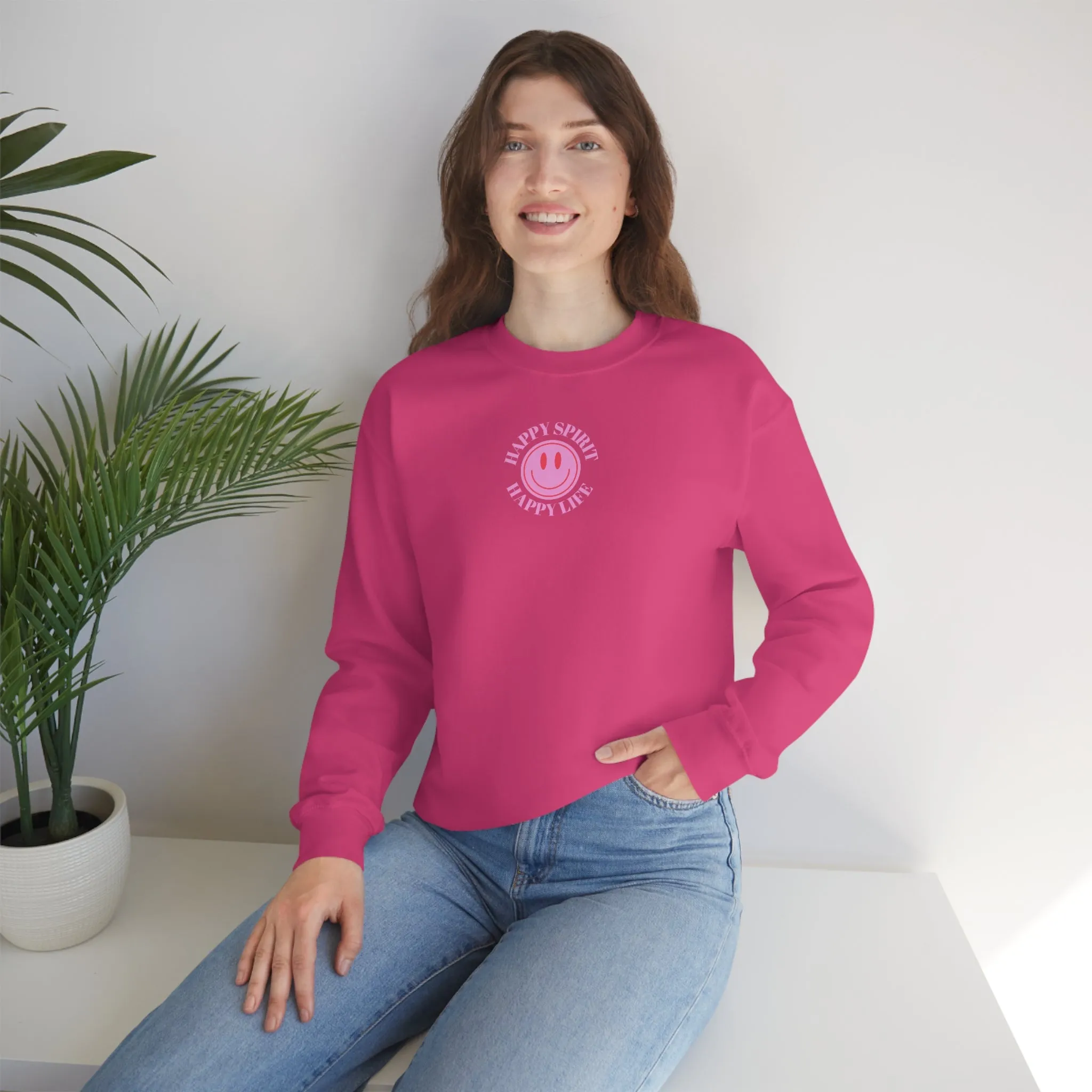 Copy of Happy Spirit Happy Life Sweatshirt, Gildan VSCO Girl Crewneck, Oversized Tumblr Front Back Print Smile Happy Mind Trendy Loungewear