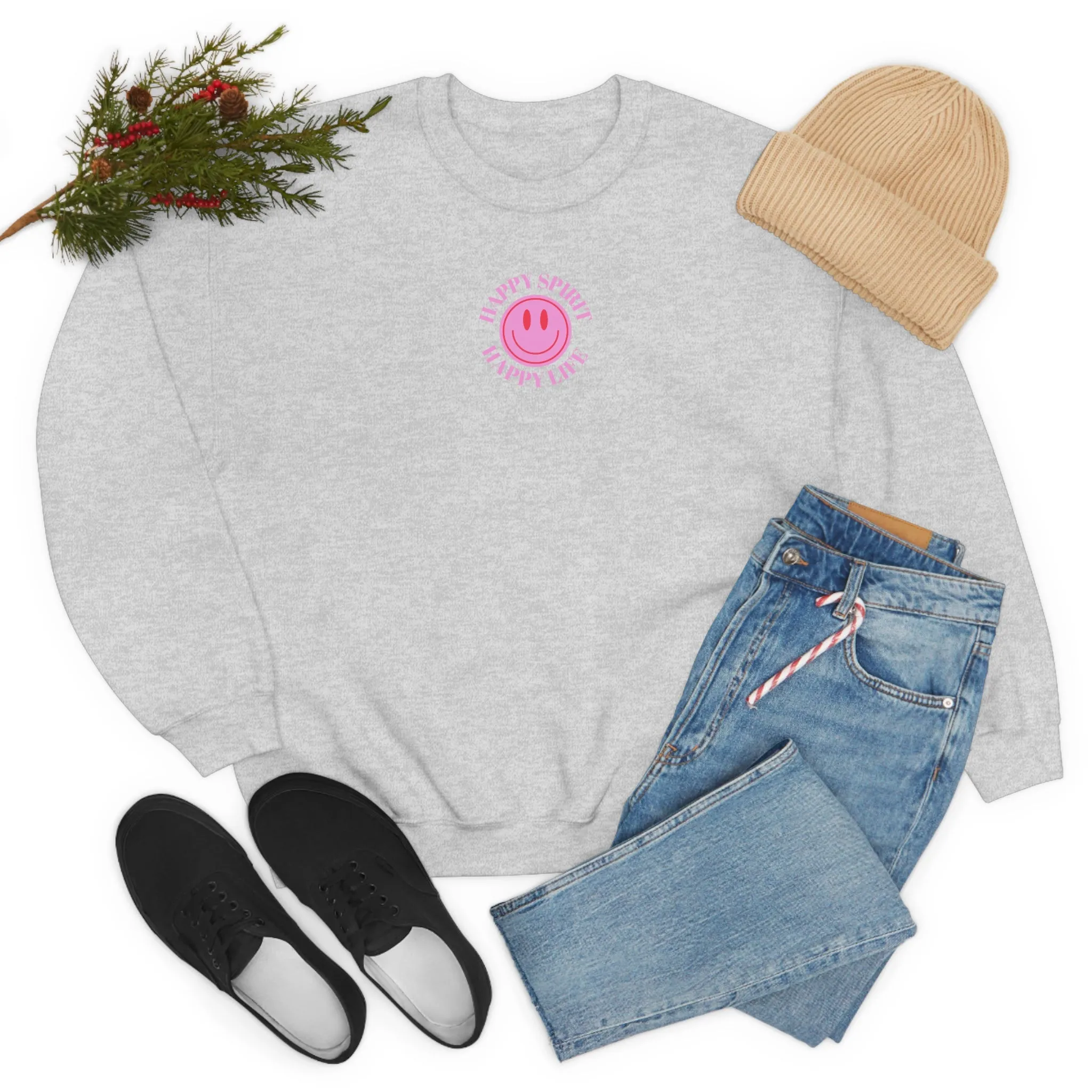 Copy of Happy Spirit Happy Life Sweatshirt, Gildan VSCO Girl Crewneck, Oversized Tumblr Front Back Print Smile Happy Mind Trendy Loungewear