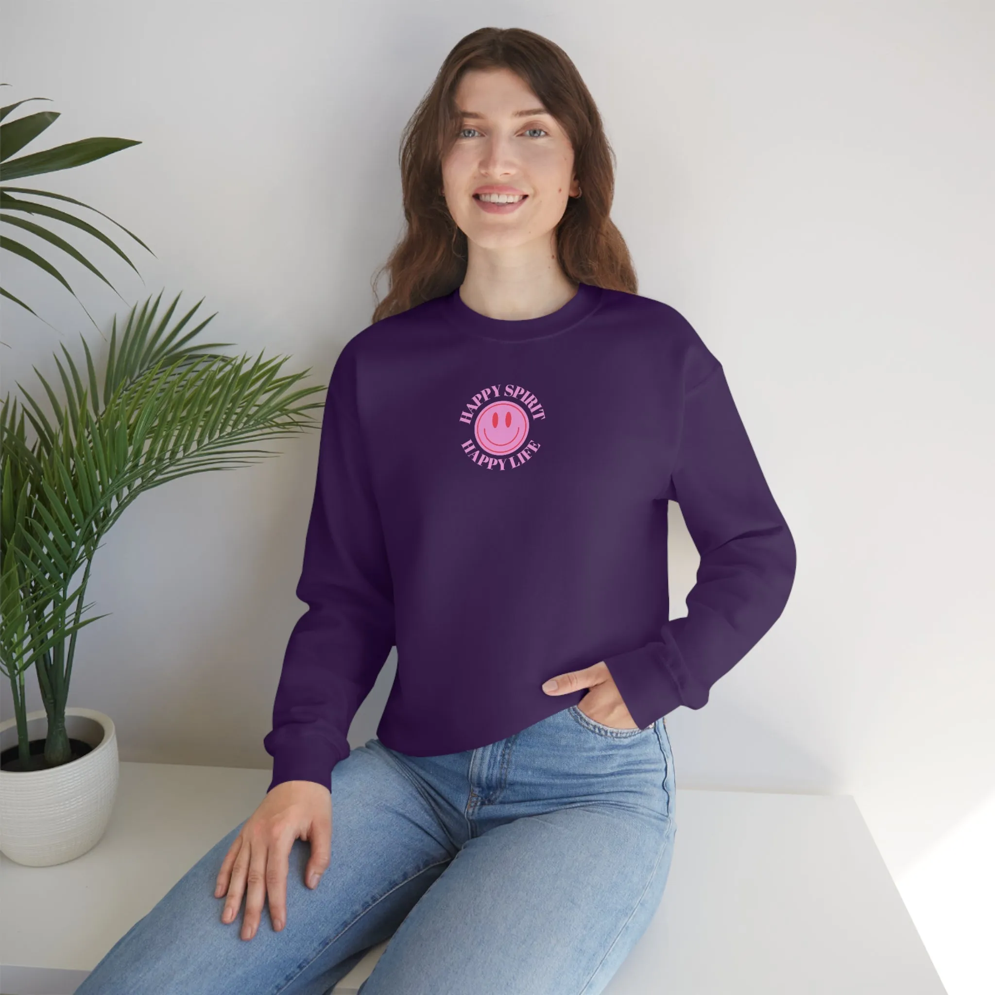 Copy of Happy Spirit Happy Life Sweatshirt, Gildan VSCO Girl Crewneck, Oversized Tumblr Front Back Print Smile Happy Mind Trendy Loungewear