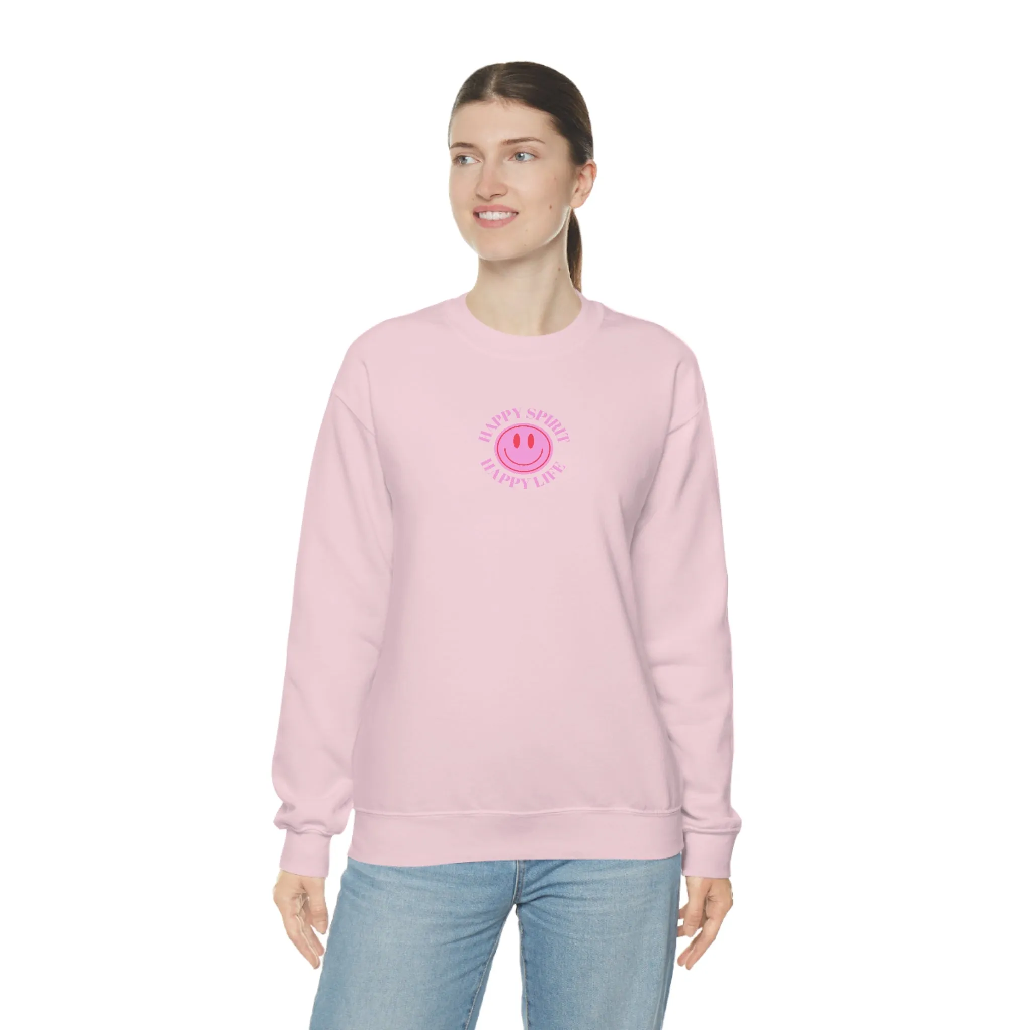 Copy of Happy Spirit Happy Life Sweatshirt, Gildan VSCO Girl Crewneck, Oversized Tumblr Front Back Print Smile Happy Mind Trendy Loungewear