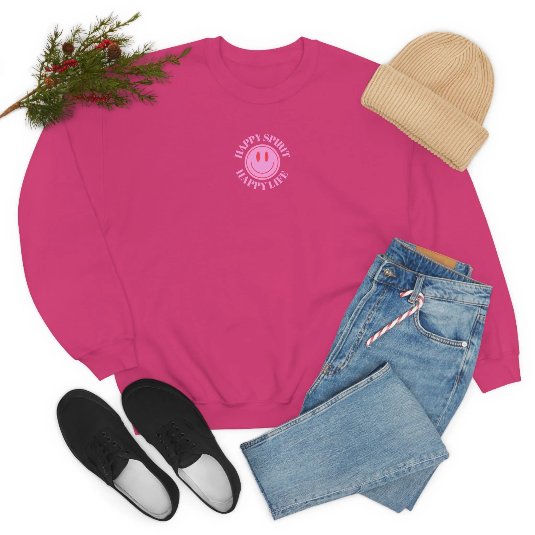 Copy of Happy Spirit Happy Life Sweatshirt, Gildan VSCO Girl Crewneck, Oversized Tumblr Front Back Print Smile Happy Mind Trendy Loungewear