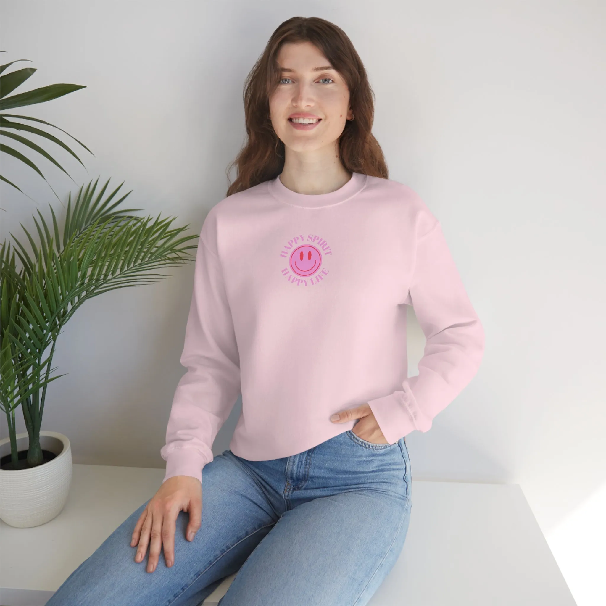 Copy of Happy Spirit Happy Life Sweatshirt, Gildan VSCO Girl Crewneck, Oversized Tumblr Front Back Print Smile Happy Mind Trendy Loungewear