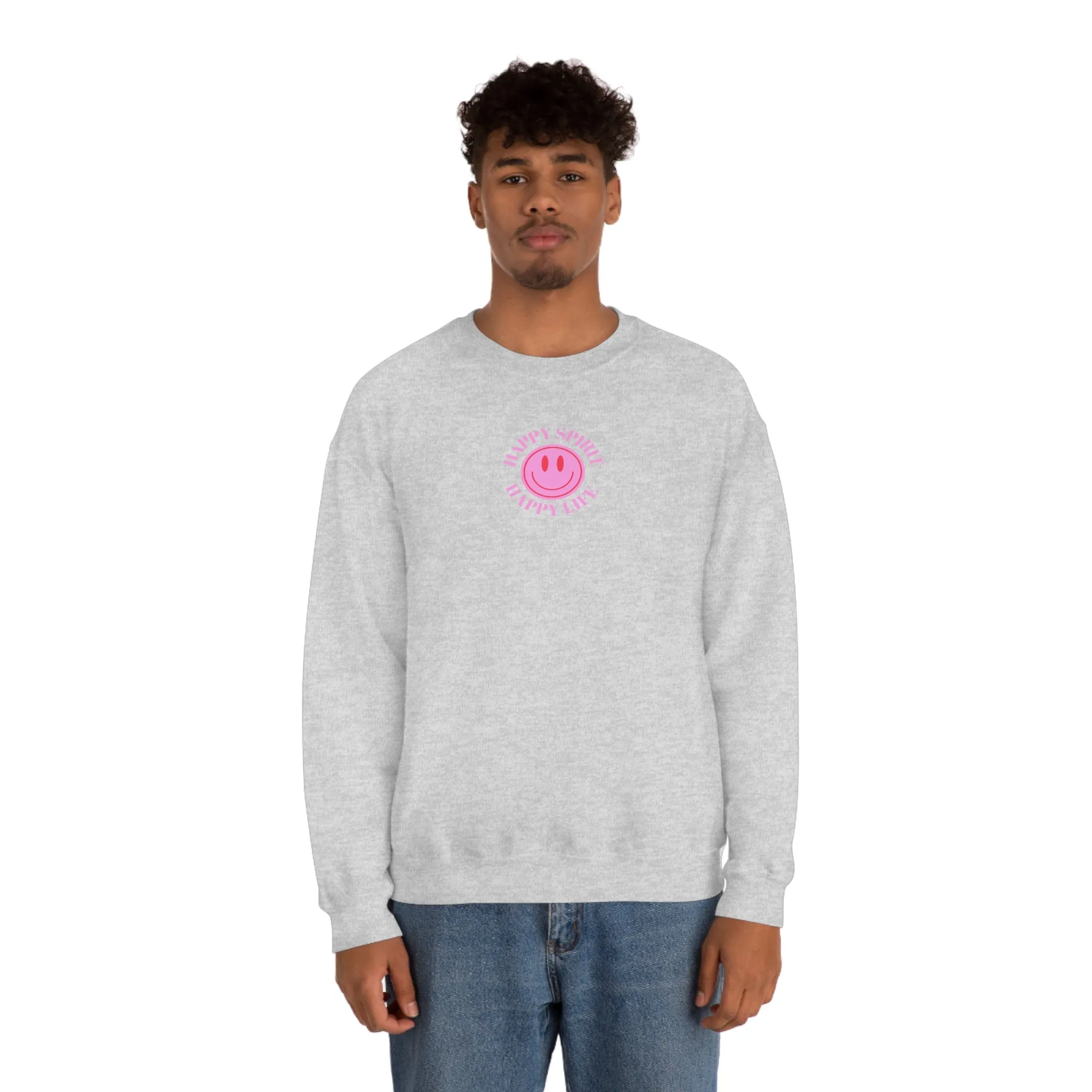 Copy of Happy Spirit Happy Life Sweatshirt, Gildan VSCO Girl Crewneck, Oversized Tumblr Front Back Print Smile Happy Mind Trendy Loungewear