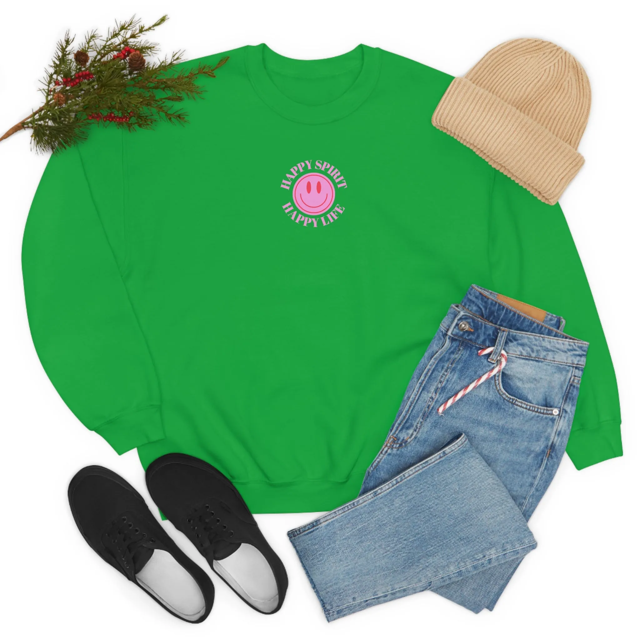 Copy of Happy Spirit Happy Life Sweatshirt, Gildan VSCO Girl Crewneck, Oversized Tumblr Front Back Print Smile Happy Mind Trendy Loungewear