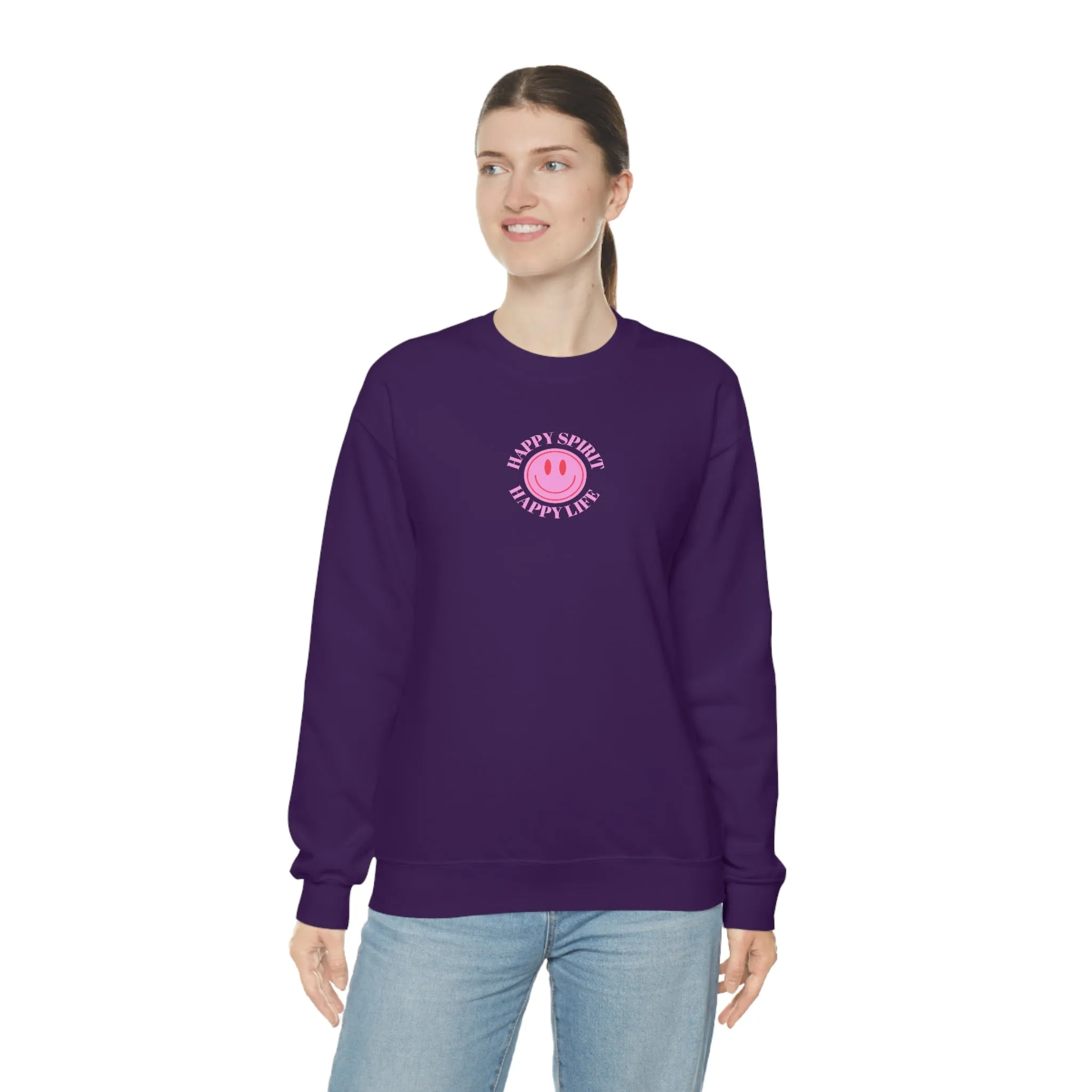 Copy of Happy Spirit Happy Life Sweatshirt, Gildan VSCO Girl Crewneck, Oversized Tumblr Front Back Print Smile Happy Mind Trendy Loungewear