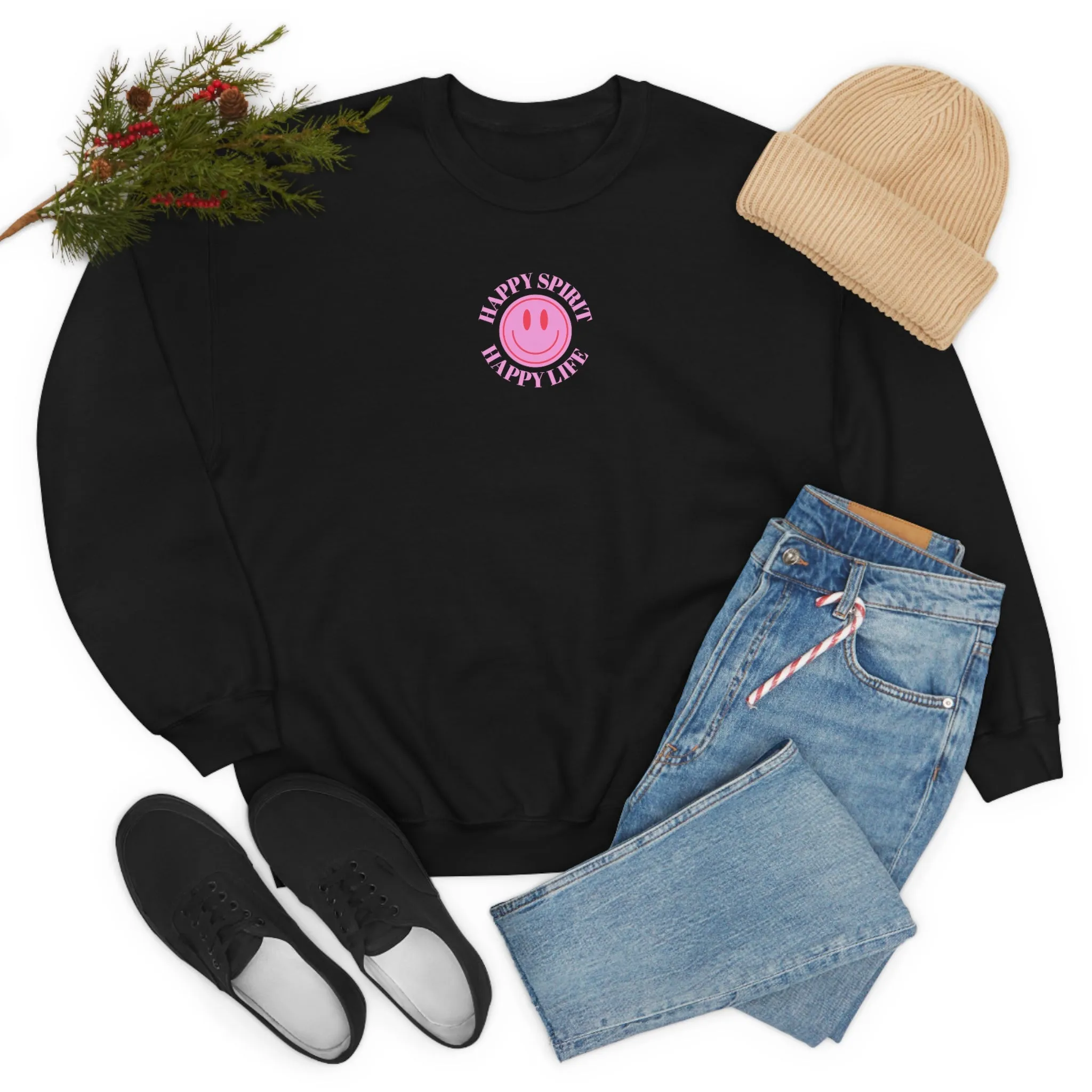 Copy of Happy Spirit Happy Life Sweatshirt, Gildan VSCO Girl Crewneck, Oversized Tumblr Front Back Print Smile Happy Mind Trendy Loungewear