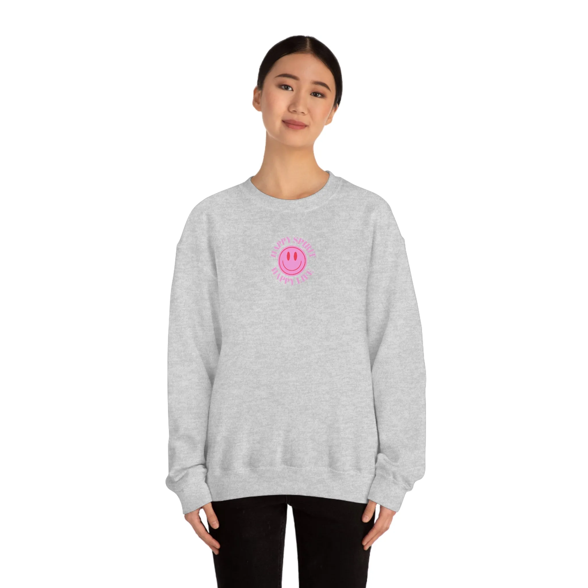 Copy of Happy Spirit Happy Life Sweatshirt, Gildan VSCO Girl Crewneck, Oversized Tumblr Front Back Print Smile Happy Mind Trendy Loungewear