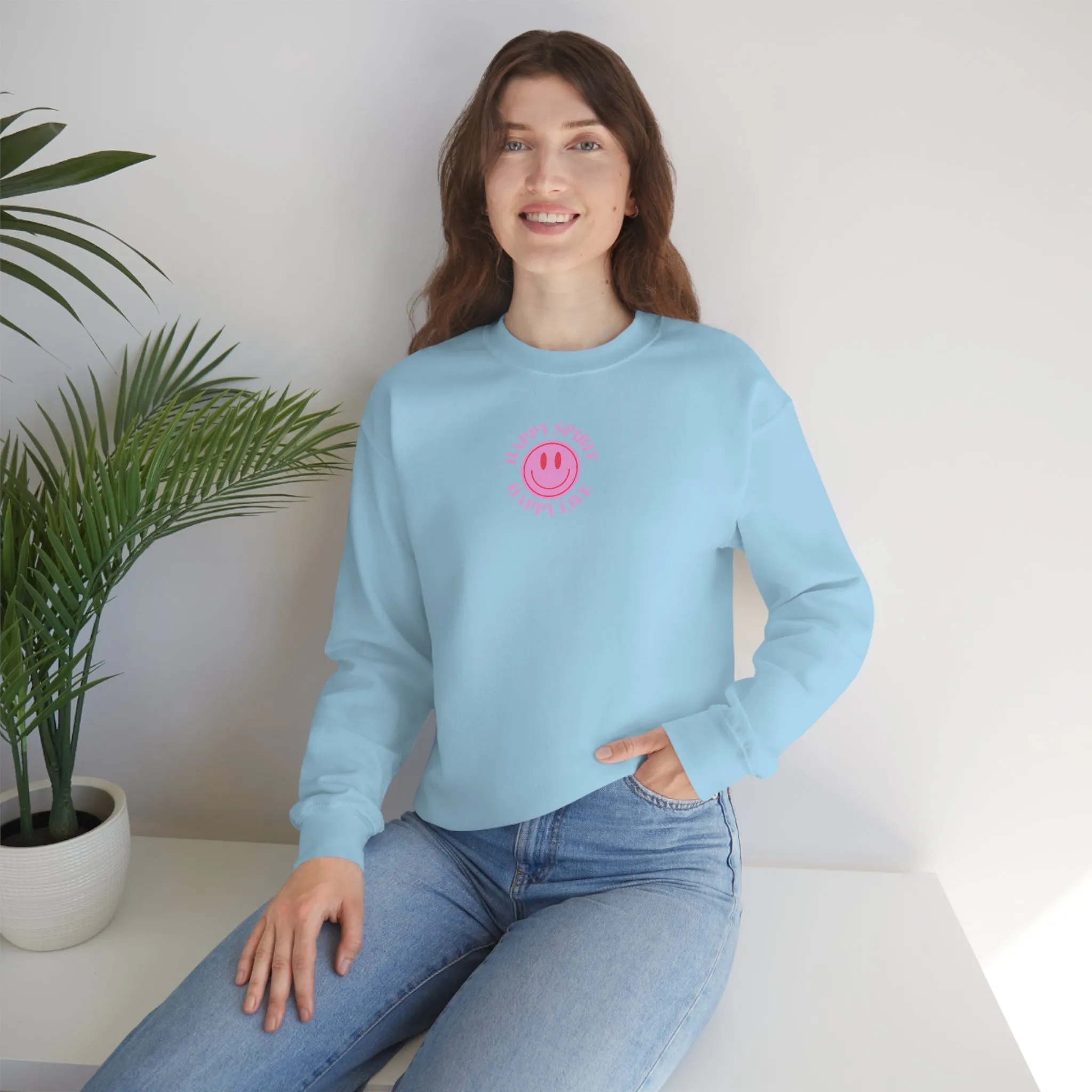Copy of Happy Spirit Happy Life Sweatshirt, Gildan VSCO Girl Crewneck, Oversized Tumblr Front Back Print Smile Happy Mind Trendy Loungewear