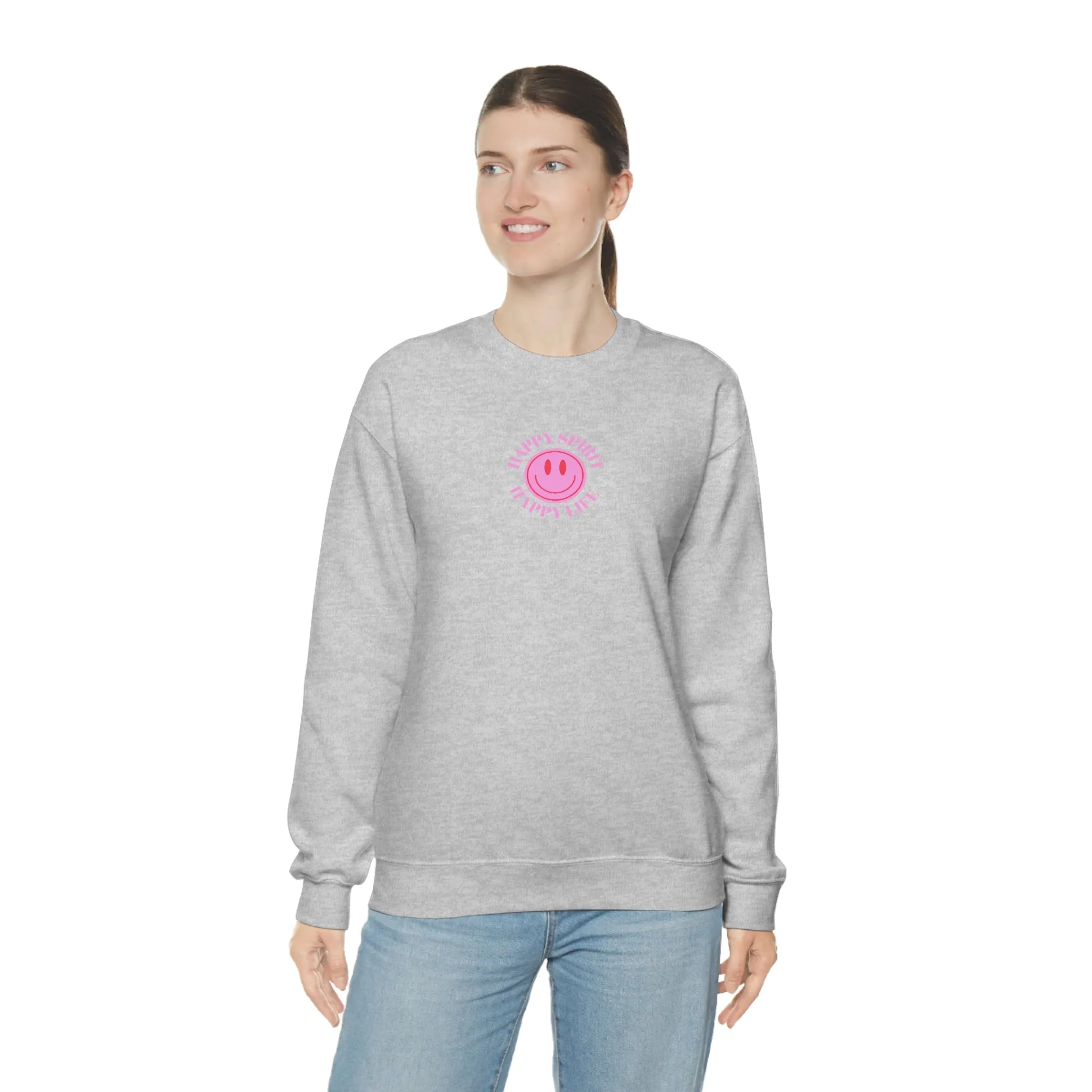 Copy of Happy Spirit Happy Life Sweatshirt, Gildan VSCO Girl Crewneck, Oversized Tumblr Front Back Print Smile Happy Mind Trendy Loungewear