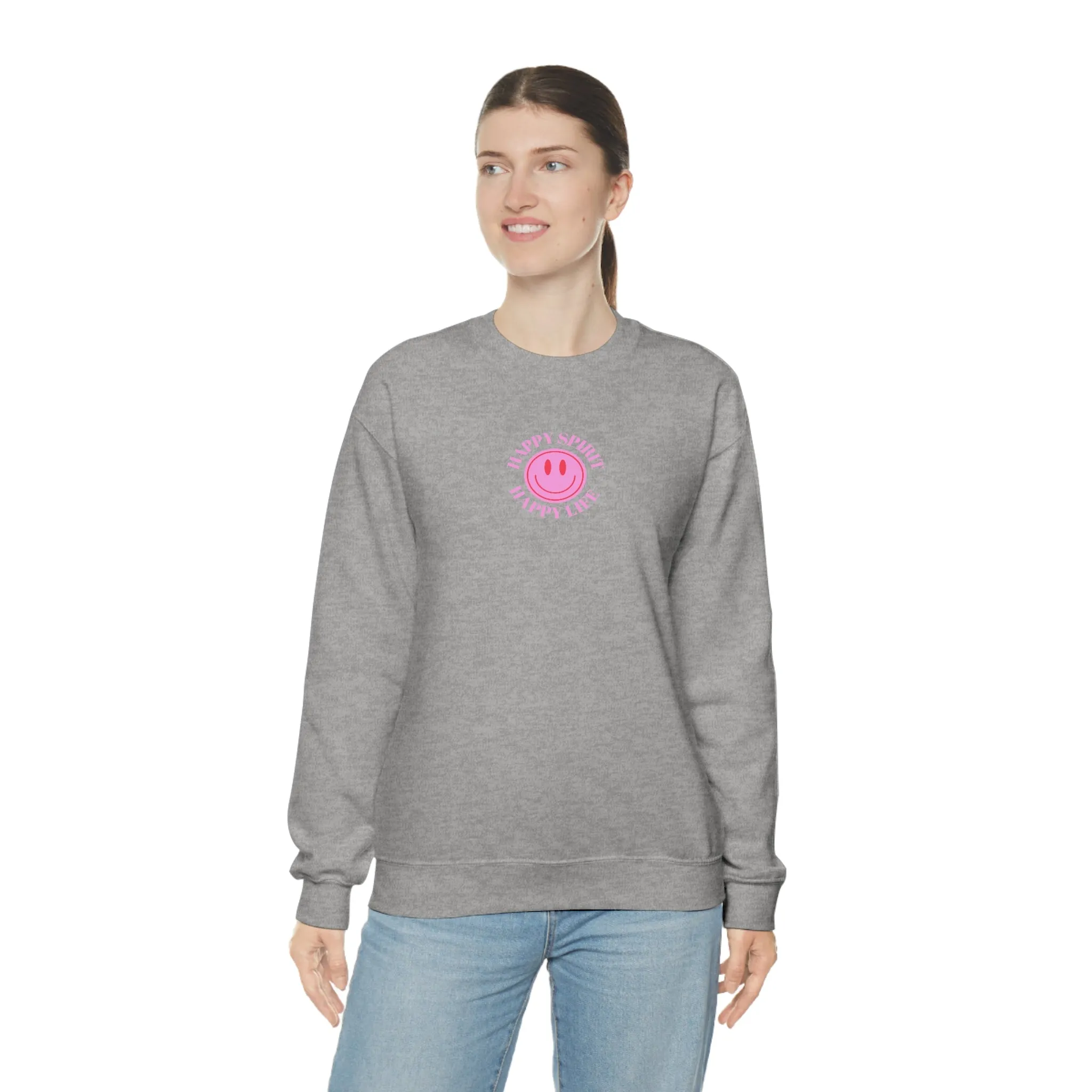 Copy of Happy Spirit Happy Life Sweatshirt, Gildan VSCO Girl Crewneck, Oversized Tumblr Front Back Print Smile Happy Mind Trendy Loungewear