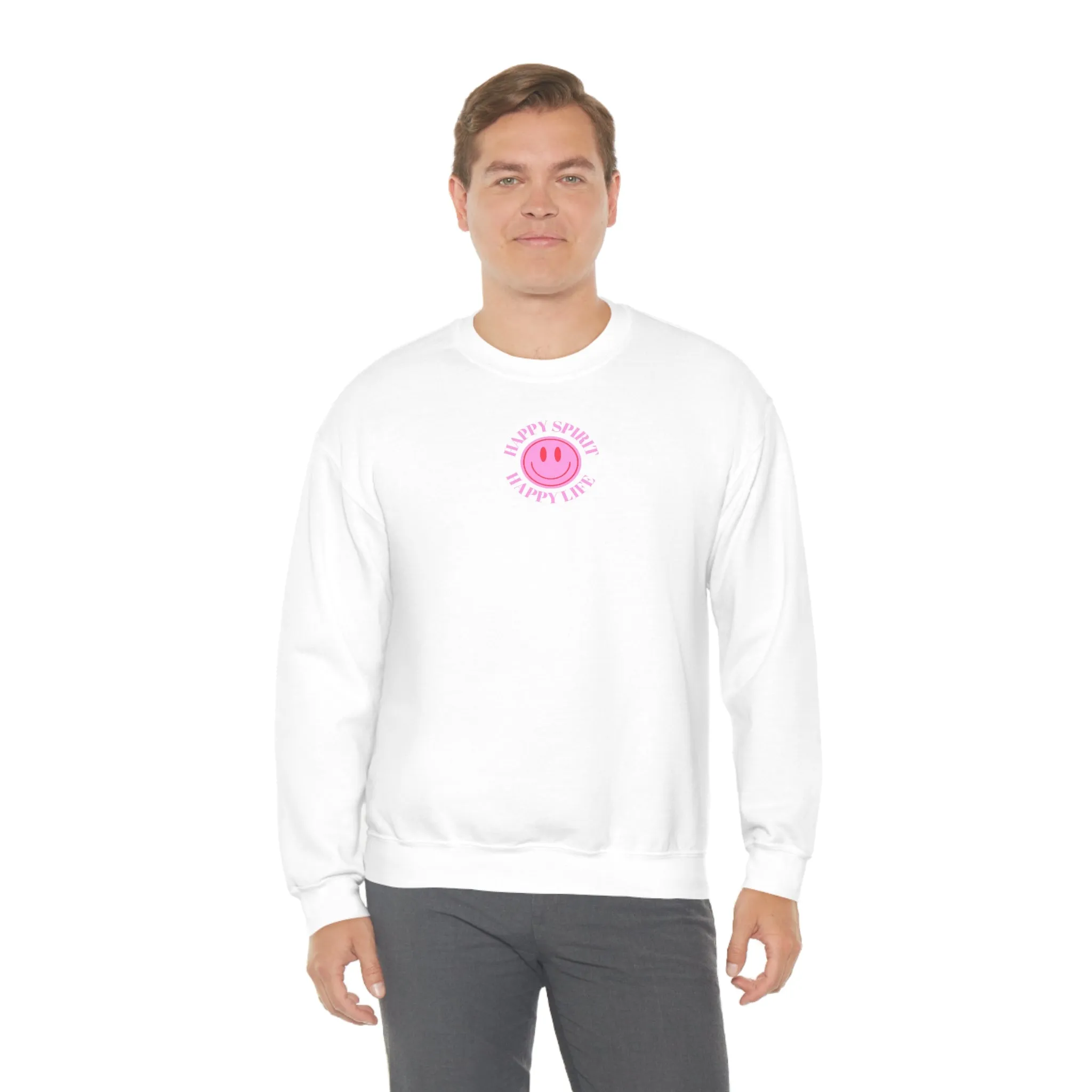 Copy of Happy Spirit Happy Life Sweatshirt, Gildan VSCO Girl Crewneck, Oversized Tumblr Front Back Print Smile Happy Mind Trendy Loungewear