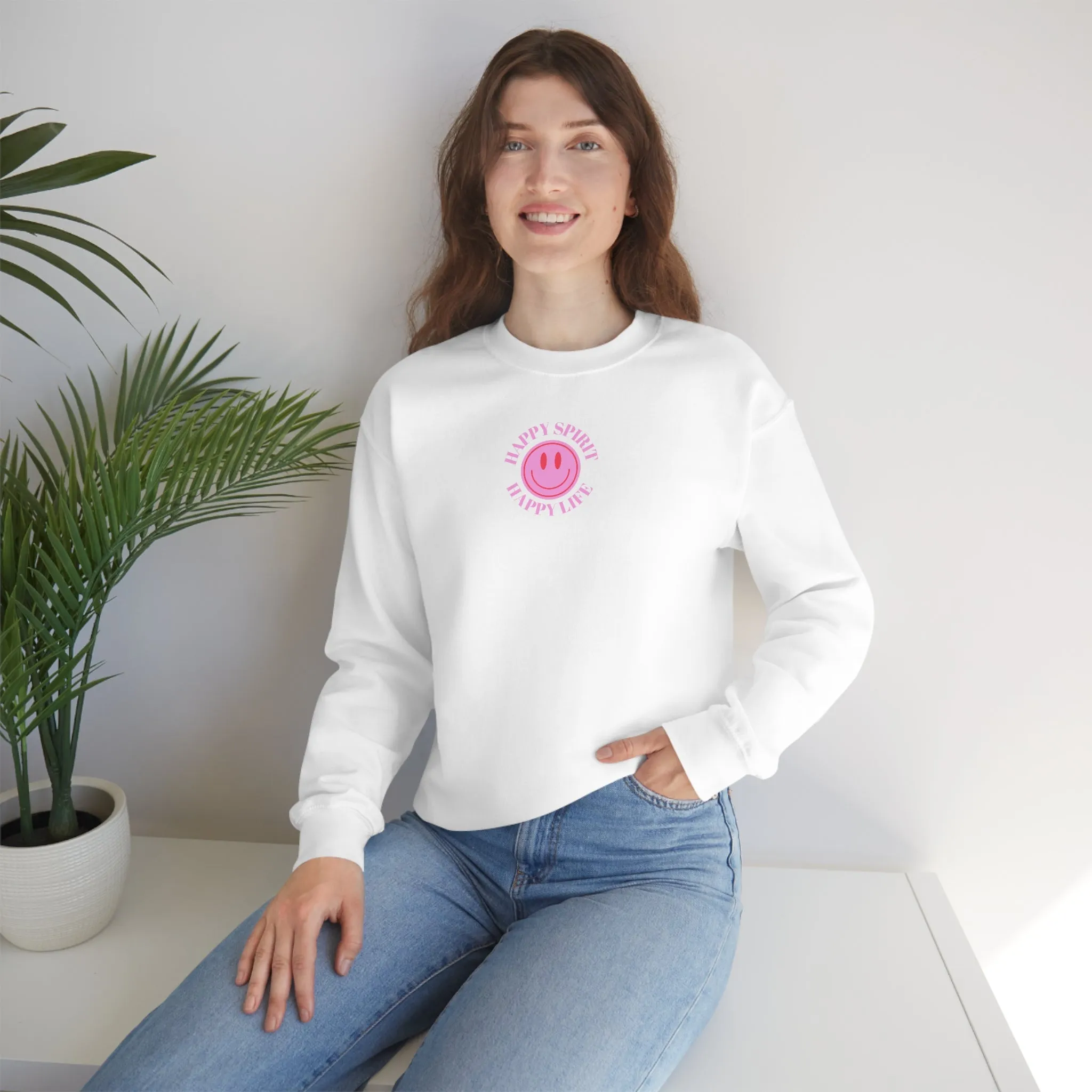 Copy of Happy Spirit Happy Life Sweatshirt, Gildan VSCO Girl Crewneck, Oversized Tumblr Front Back Print Smile Happy Mind Trendy Loungewear