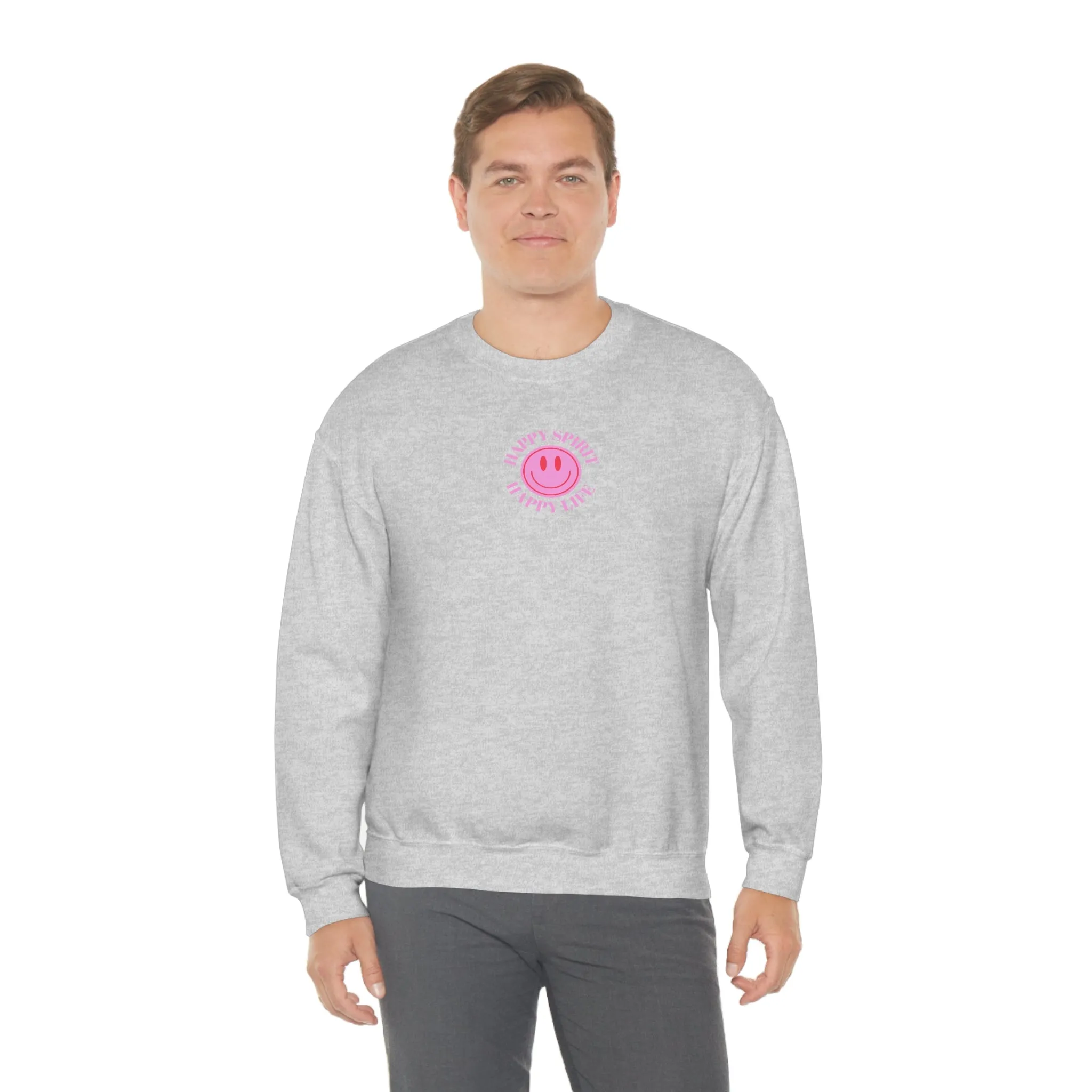 Copy of Happy Spirit Happy Life Sweatshirt, Gildan VSCO Girl Crewneck, Oversized Tumblr Front Back Print Smile Happy Mind Trendy Loungewear