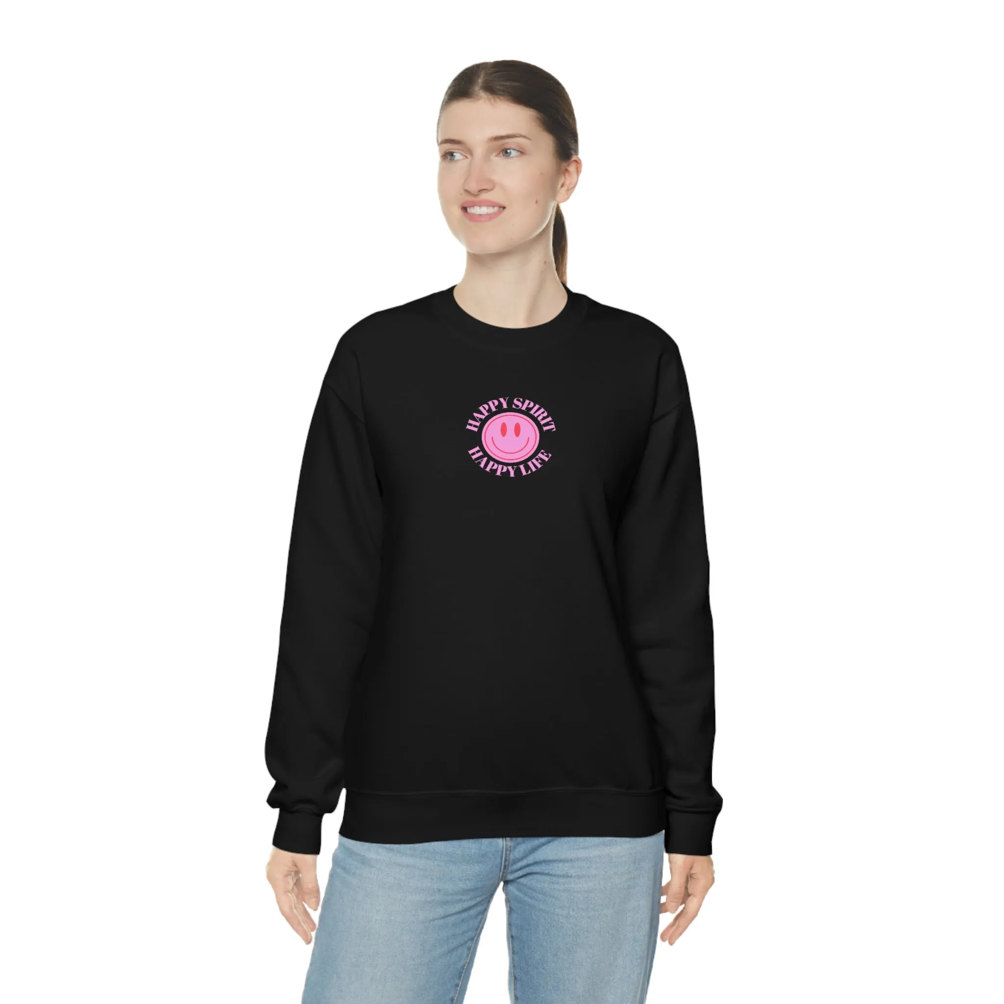 Copy of Happy Spirit Happy Life Sweatshirt, Gildan VSCO Girl Crewneck, Oversized Tumblr Front Back Print Smile Happy Mind Trendy Loungewear