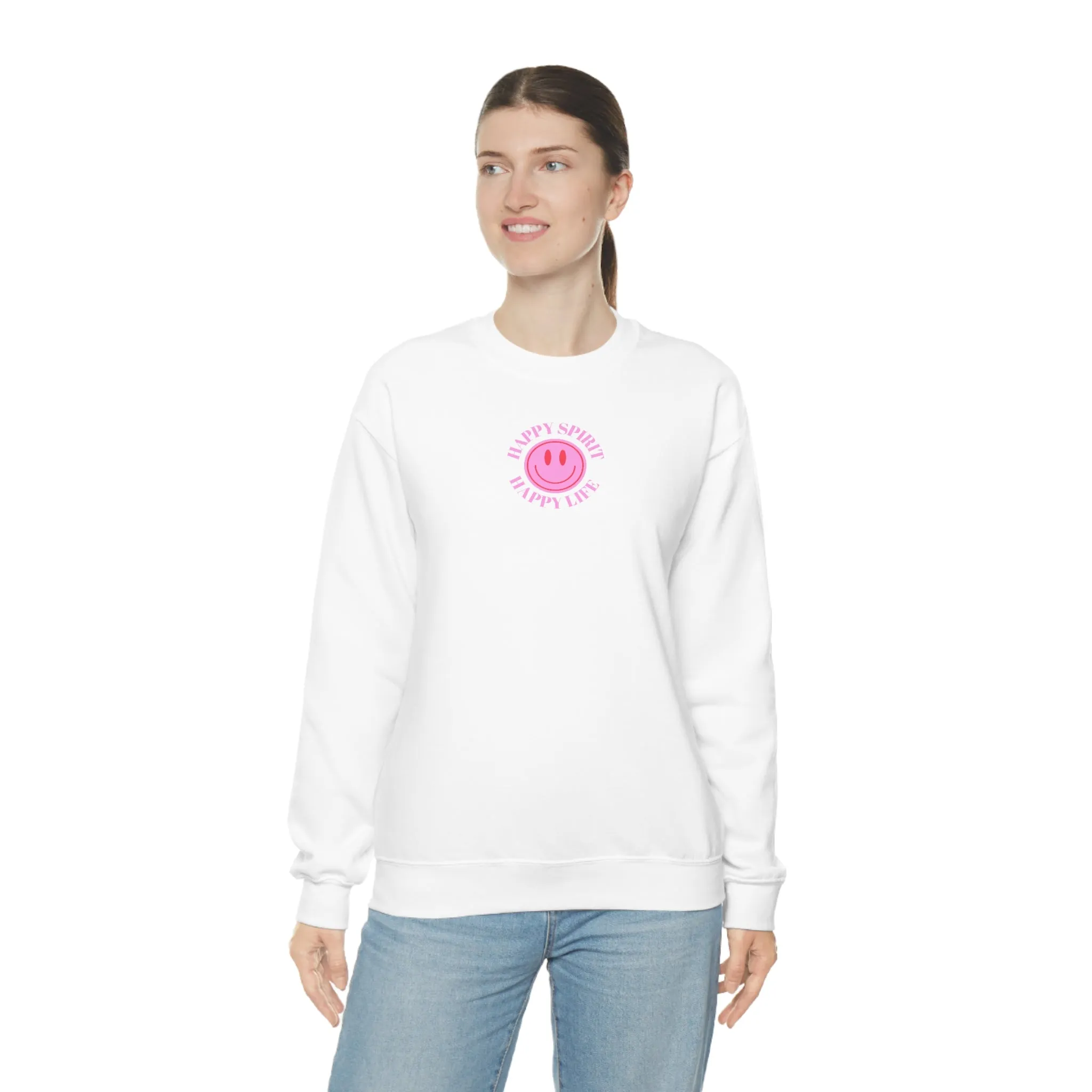 Copy of Happy Spirit Happy Life Sweatshirt, Gildan VSCO Girl Crewneck, Oversized Tumblr Front Back Print Smile Happy Mind Trendy Loungewear
