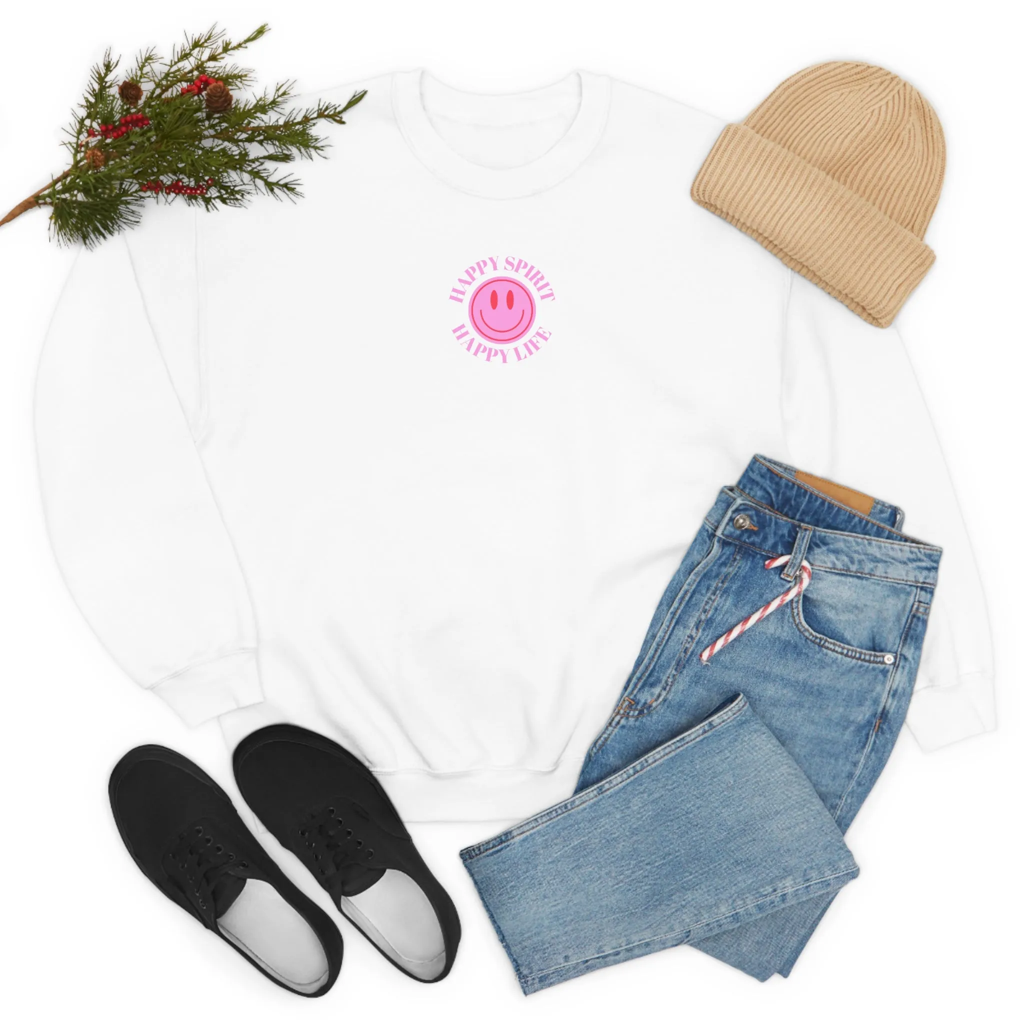 Copy of Happy Spirit Happy Life Sweatshirt, Gildan VSCO Girl Crewneck, Oversized Tumblr Front Back Print Smile Happy Mind Trendy Loungewear