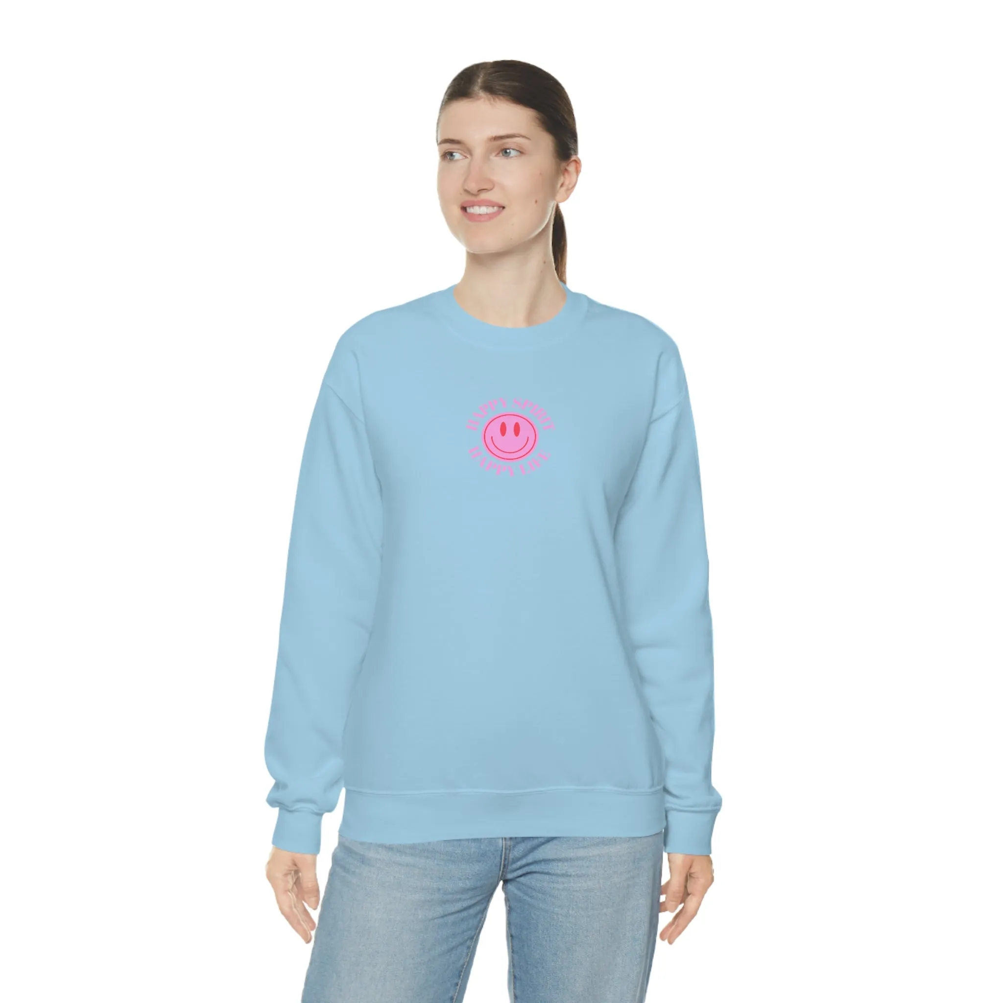 Copy of Happy Spirit Happy Life Sweatshirt, Gildan VSCO Girl Crewneck, Oversized Tumblr Front Back Print Smile Happy Mind Trendy Loungewear