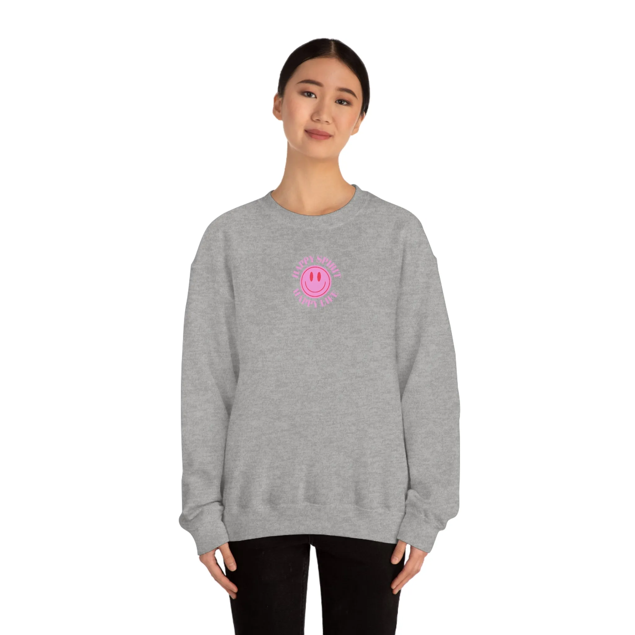 Copy of Happy Spirit Happy Life Sweatshirt, Gildan VSCO Girl Crewneck, Oversized Tumblr Front Back Print Smile Happy Mind Trendy Loungewear