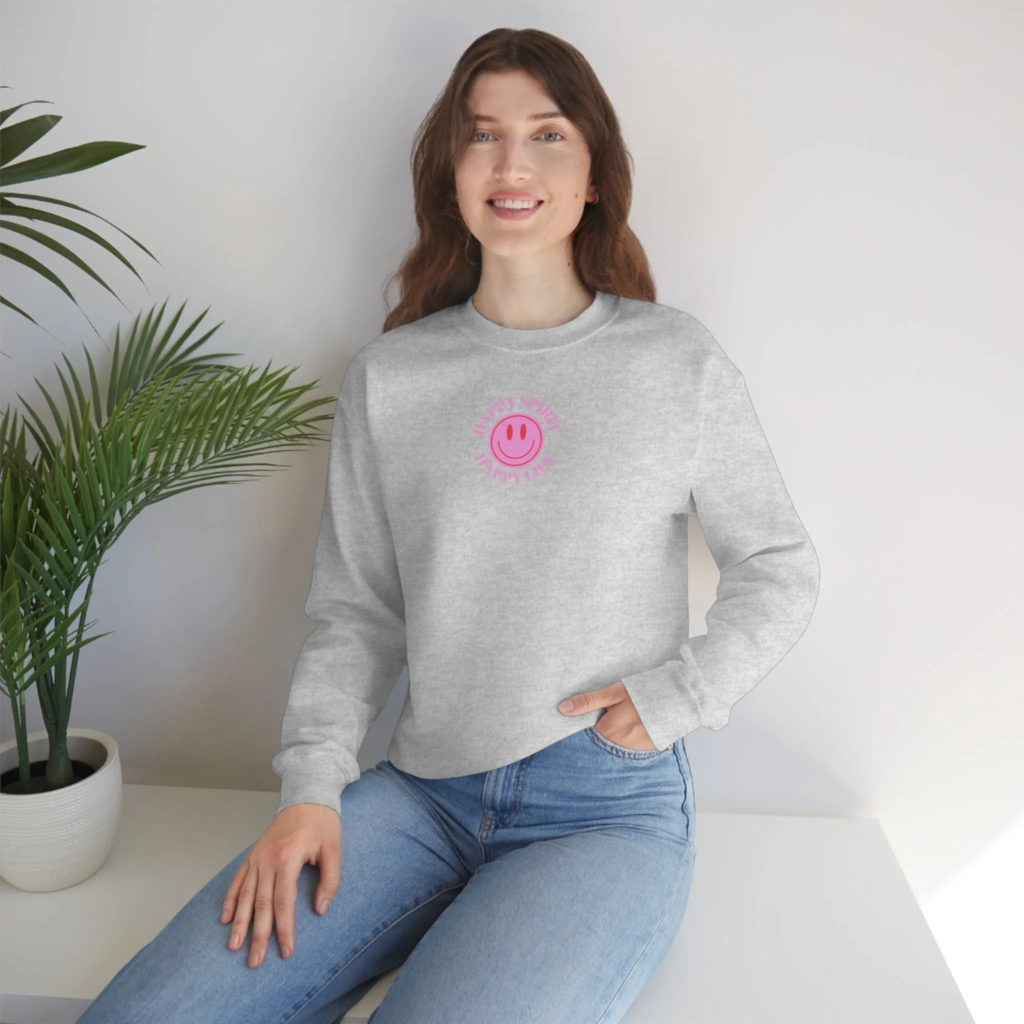 Copy of Happy Spirit Happy Life Sweatshirt, Gildan VSCO Girl Crewneck, Oversized Tumblr Front Back Print Smile Happy Mind Trendy Loungewear