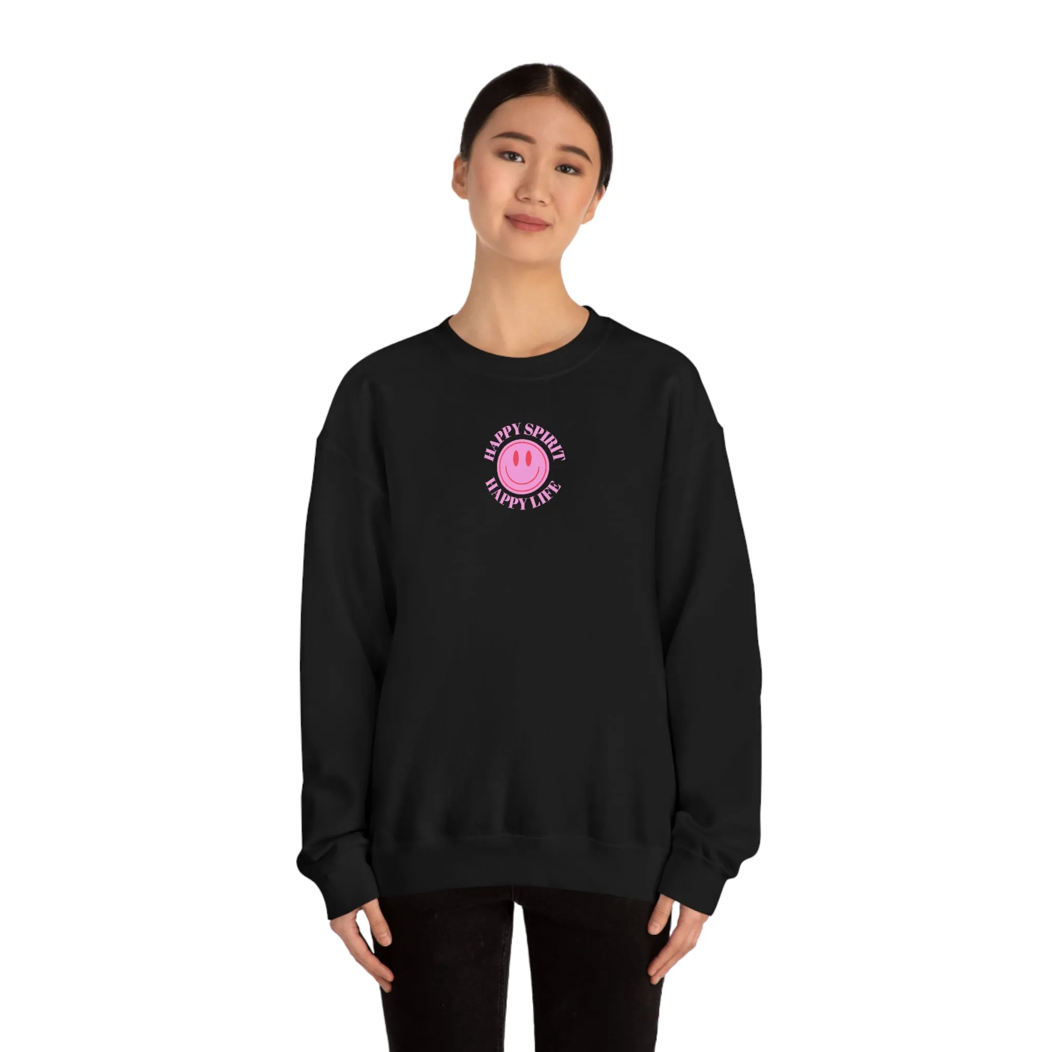 Copy of Happy Spirit Happy Life Sweatshirt, Gildan VSCO Girl Crewneck, Oversized Tumblr Front Back Print Smile Happy Mind Trendy Loungewear