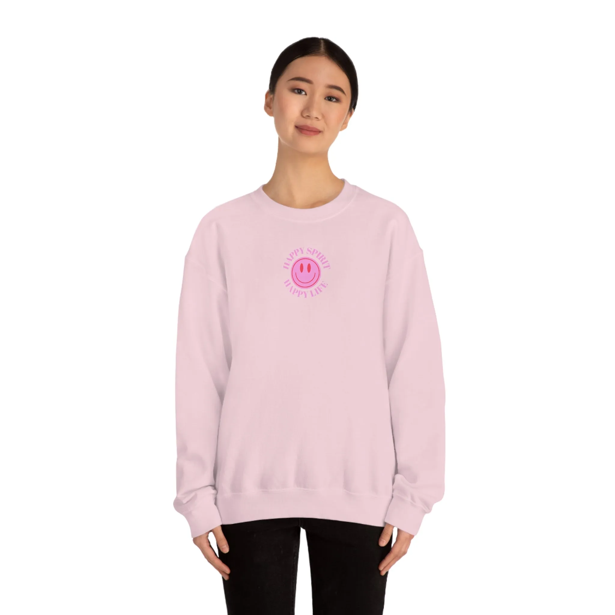 Copy of Happy Spirit Happy Life Sweatshirt, Gildan VSCO Girl Crewneck, Oversized Tumblr Front Back Print Smile Happy Mind Trendy Loungewear
