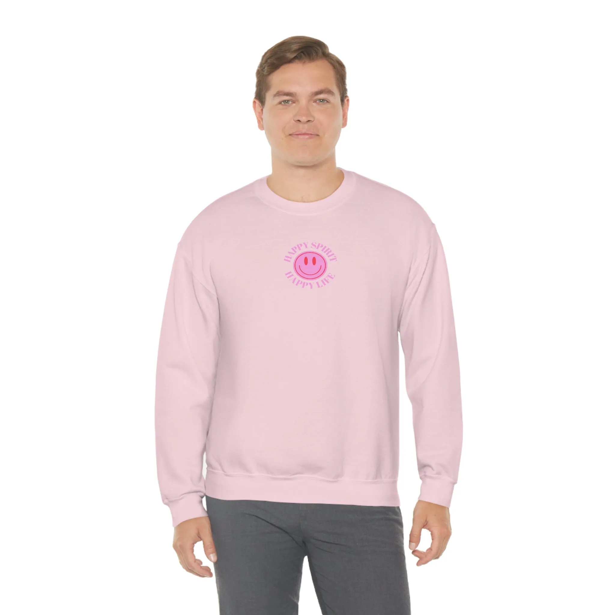 Copy of Happy Spirit Happy Life Sweatshirt, Gildan VSCO Girl Crewneck, Oversized Tumblr Front Back Print Smile Happy Mind Trendy Loungewear