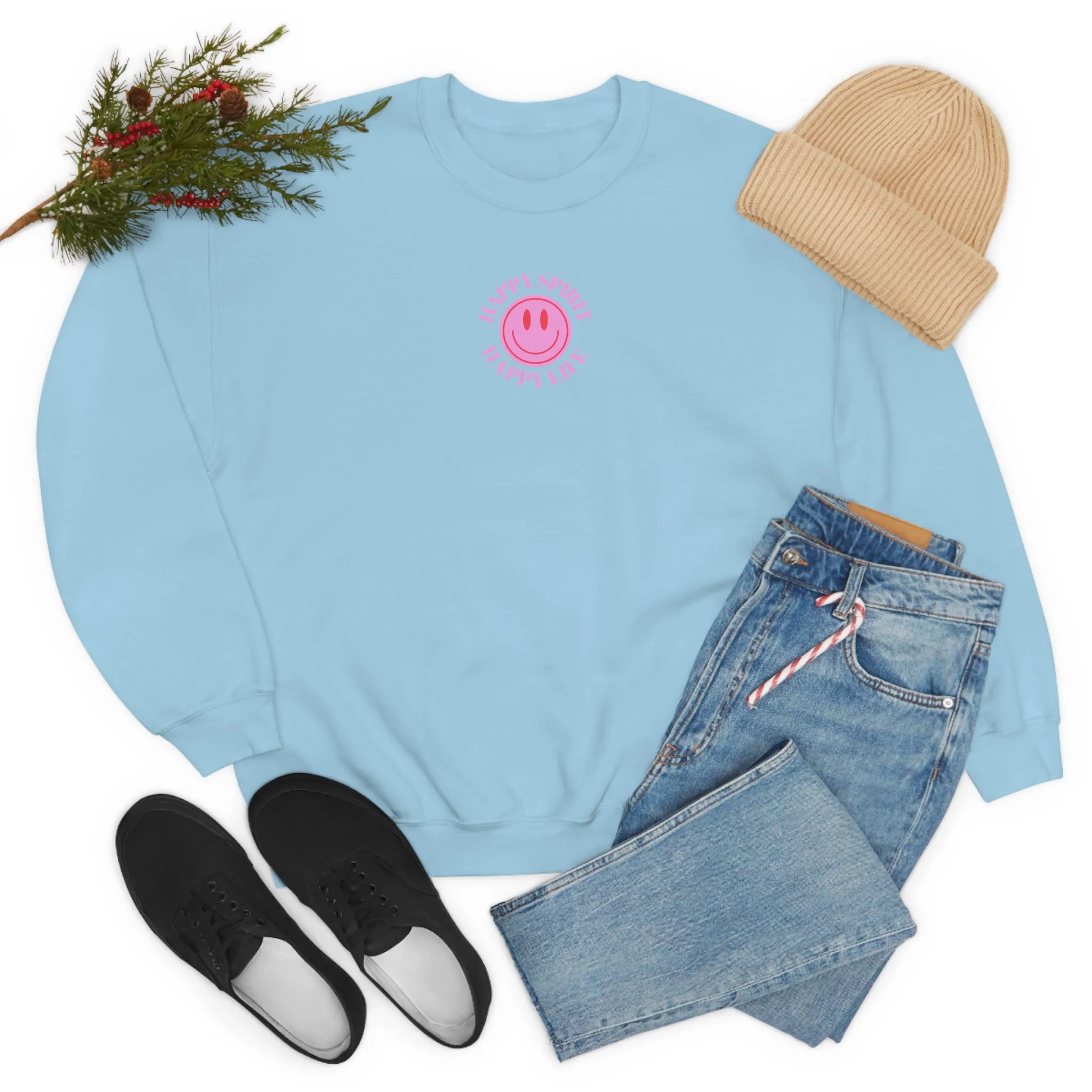 Copy of Happy Spirit Happy Life Sweatshirt, Gildan VSCO Girl Crewneck, Oversized Tumblr Front Back Print Smile Happy Mind Trendy Loungewear