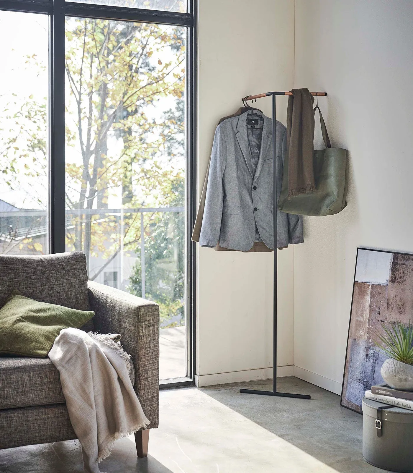 Corner Leaning Coat Hanger (63" H)  - Steel   Wood from Yamazaki Home