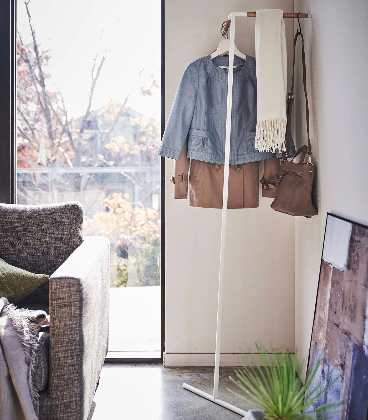 Corner Leaning Coat Hanger (63" H)  - Steel   Wood from Yamazaki Home