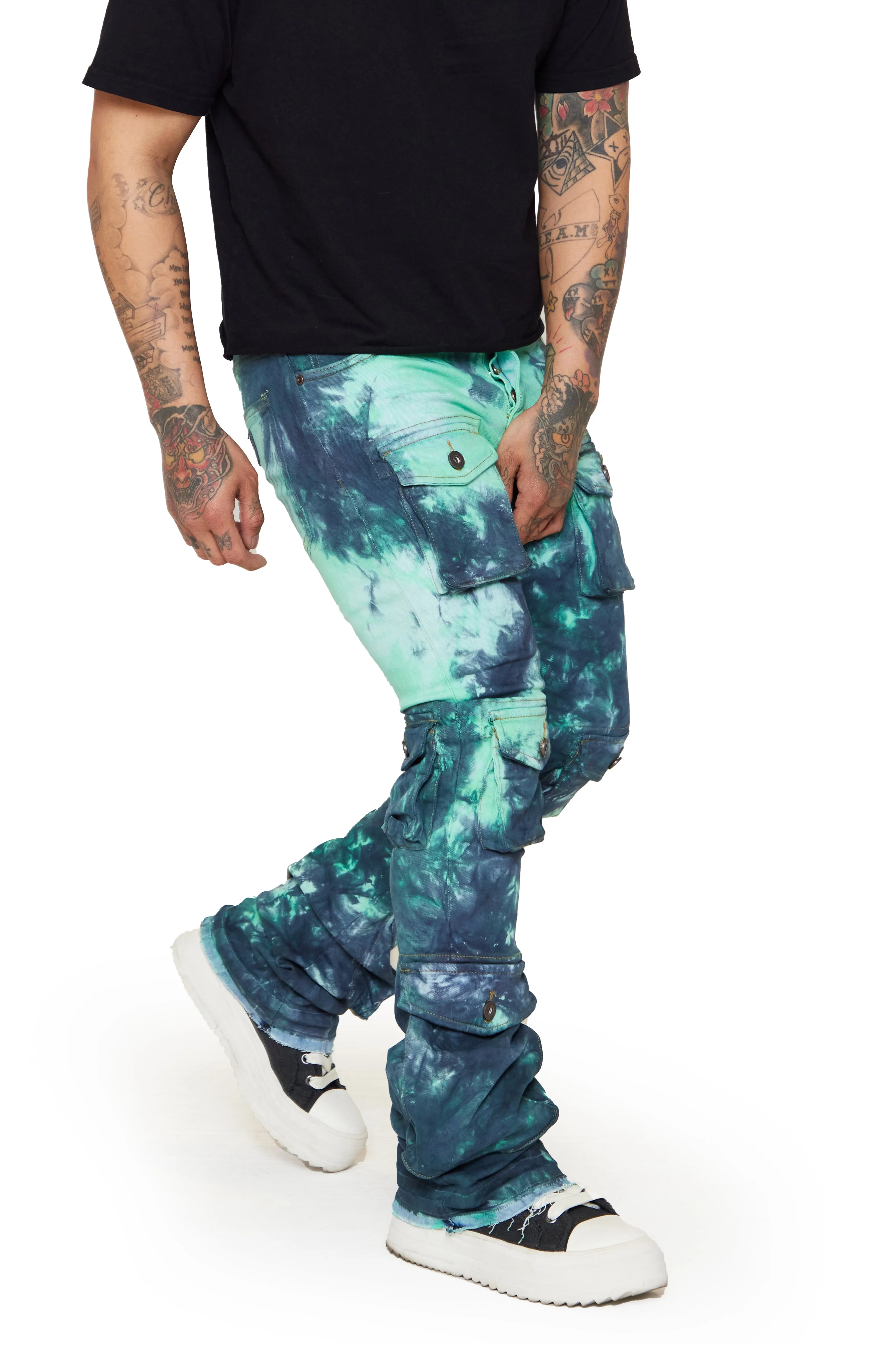 “COSMIC VAPOR” WHITE-BLACK/TEAL-NAVY STACKED FLARE JEAN