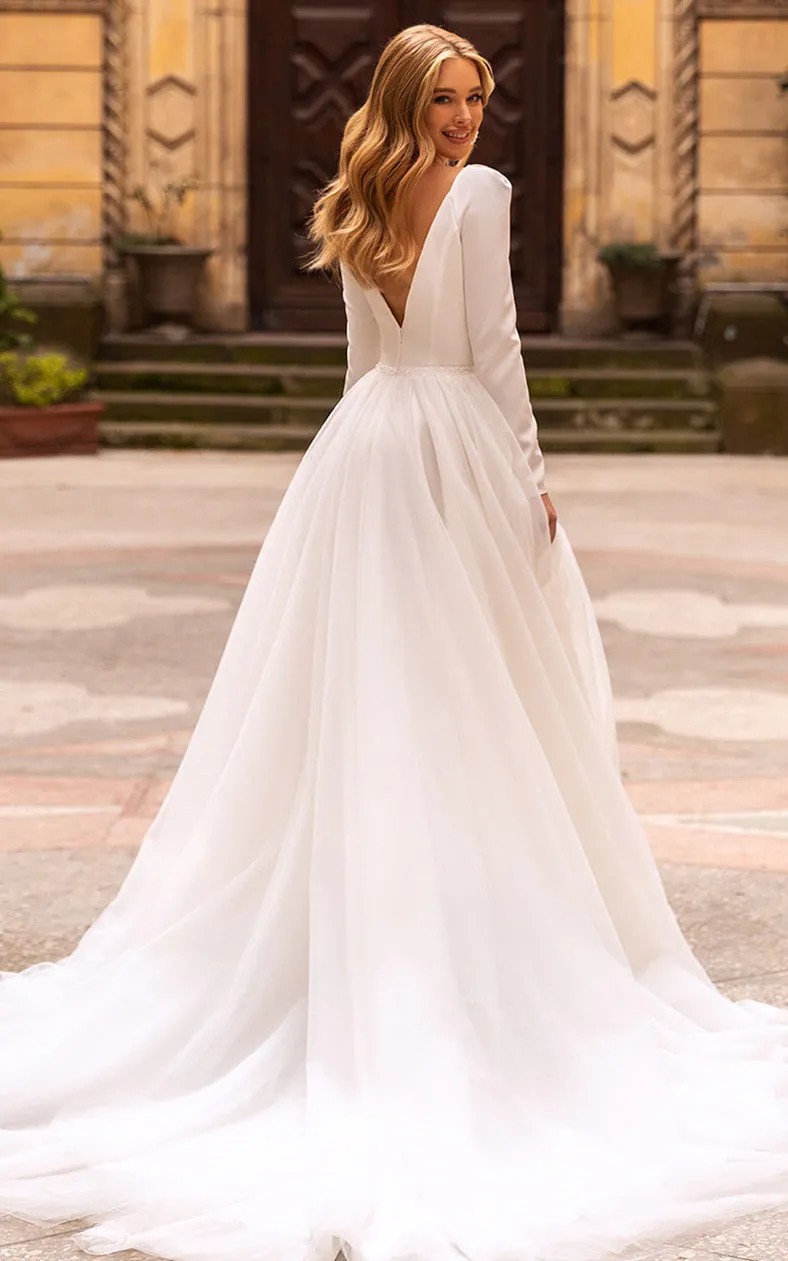 Elegant Ball gown V-neck Satin Chapel Train Wedding Dress with Ruching-716082