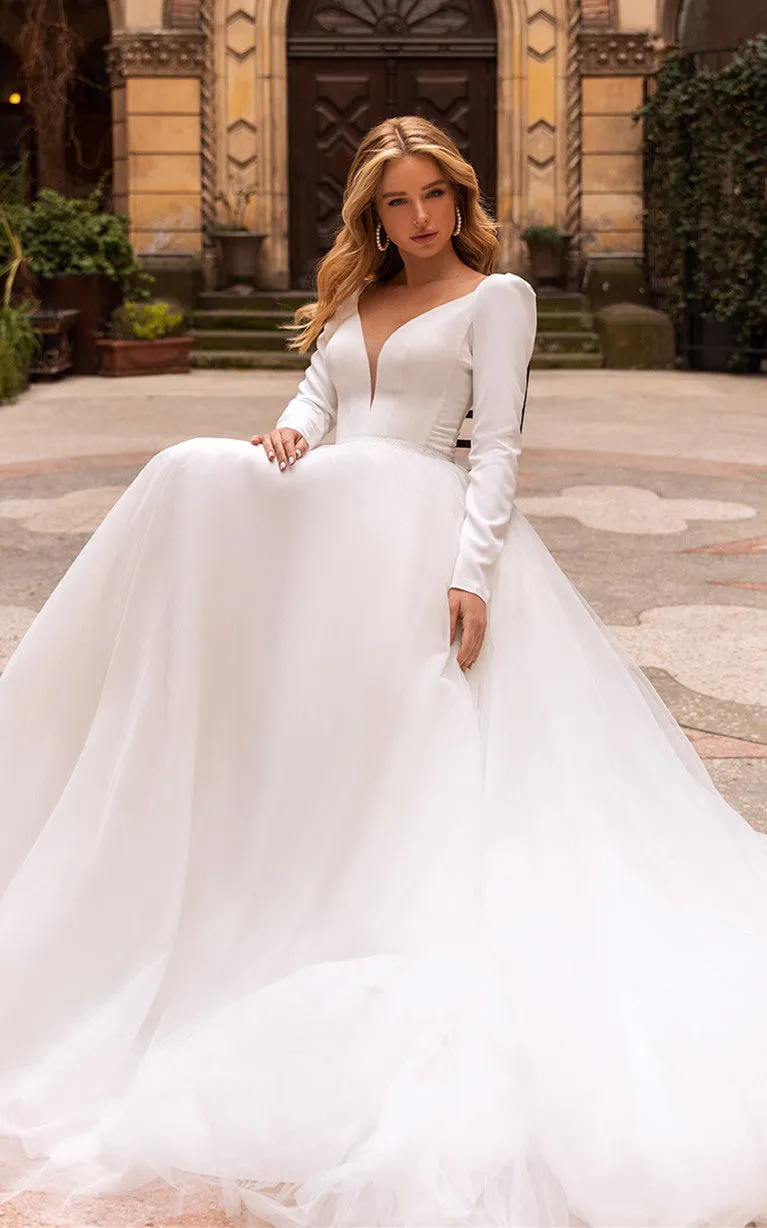 Elegant Ball gown V-neck Satin Chapel Train Wedding Dress with Ruching-716082