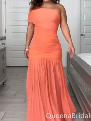Elegant One Shoulder Orange Mermaid Long Prom Dresses ,WGP1647