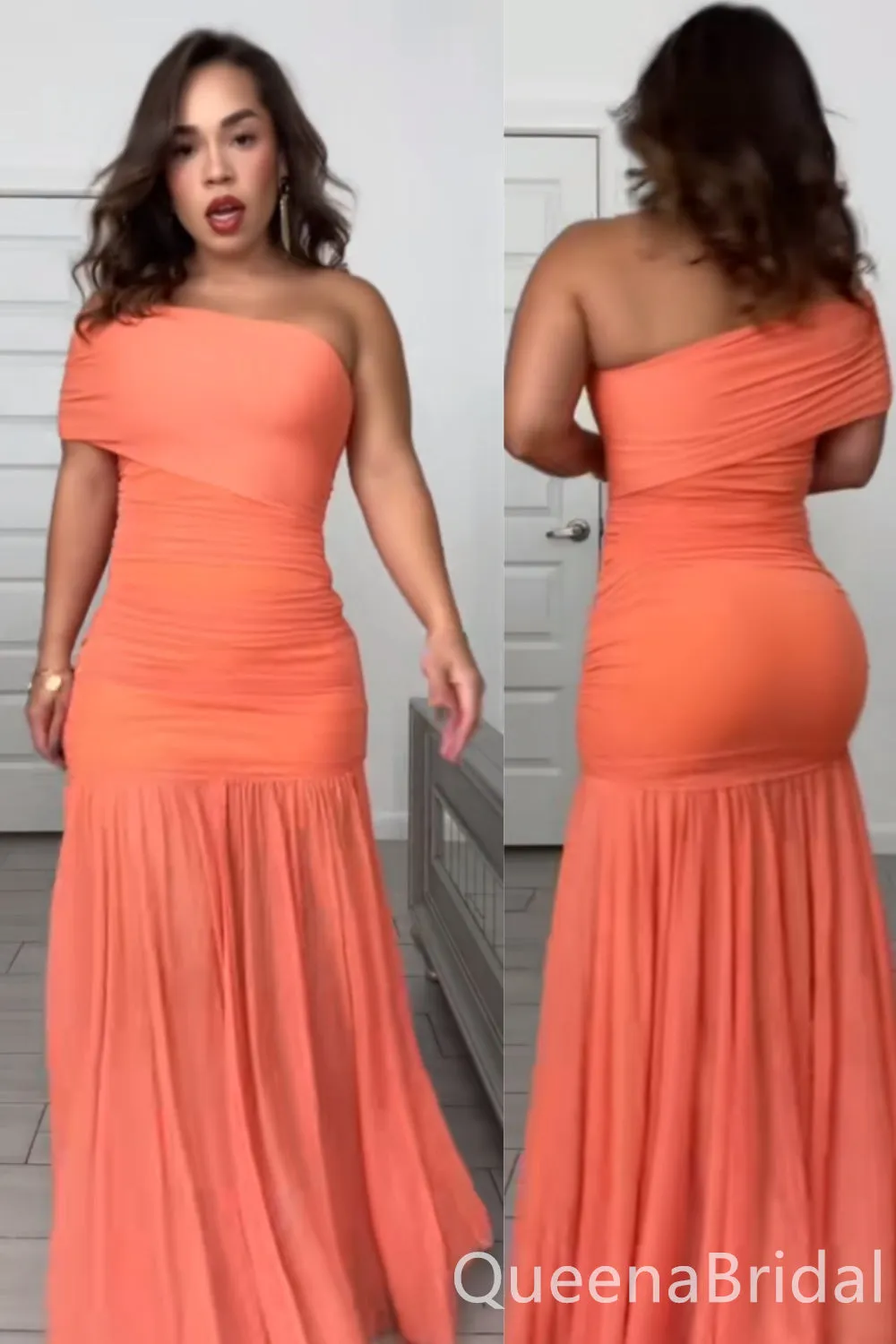 Elegant One Shoulder Orange Mermaid Long Prom Dresses ,WGP1647