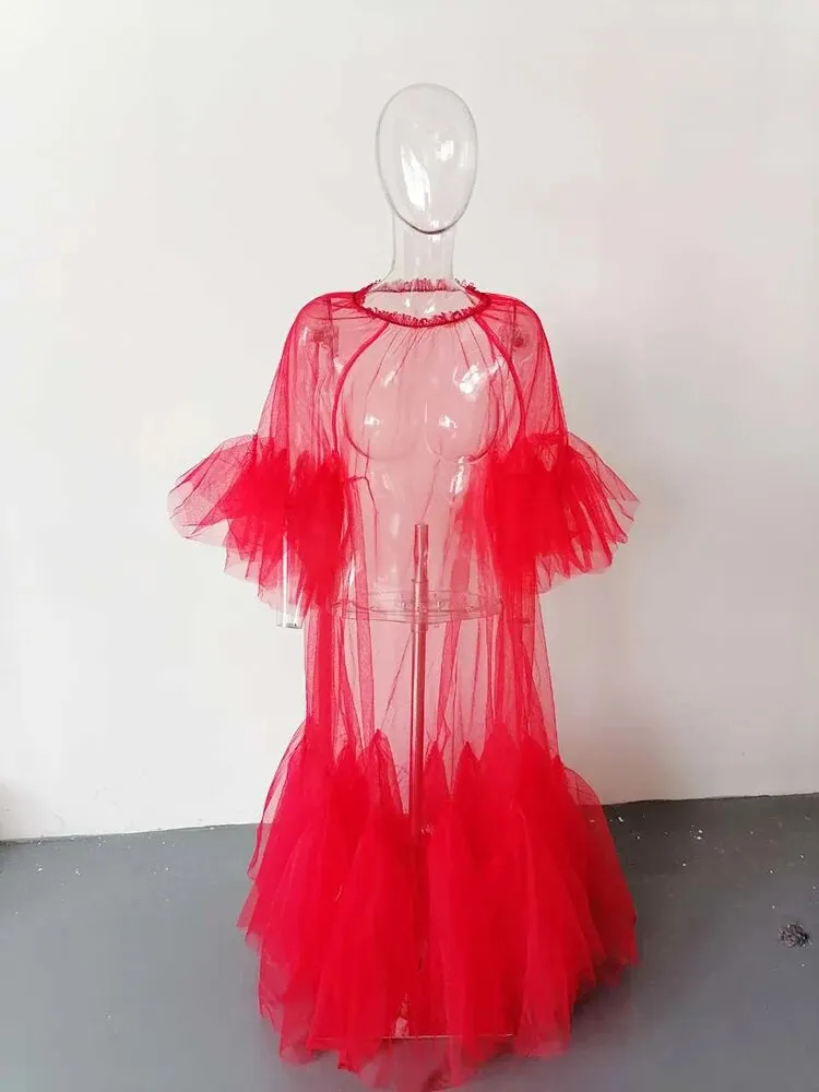 Elegant Ruffle Puff Sleeve Sheer Dress