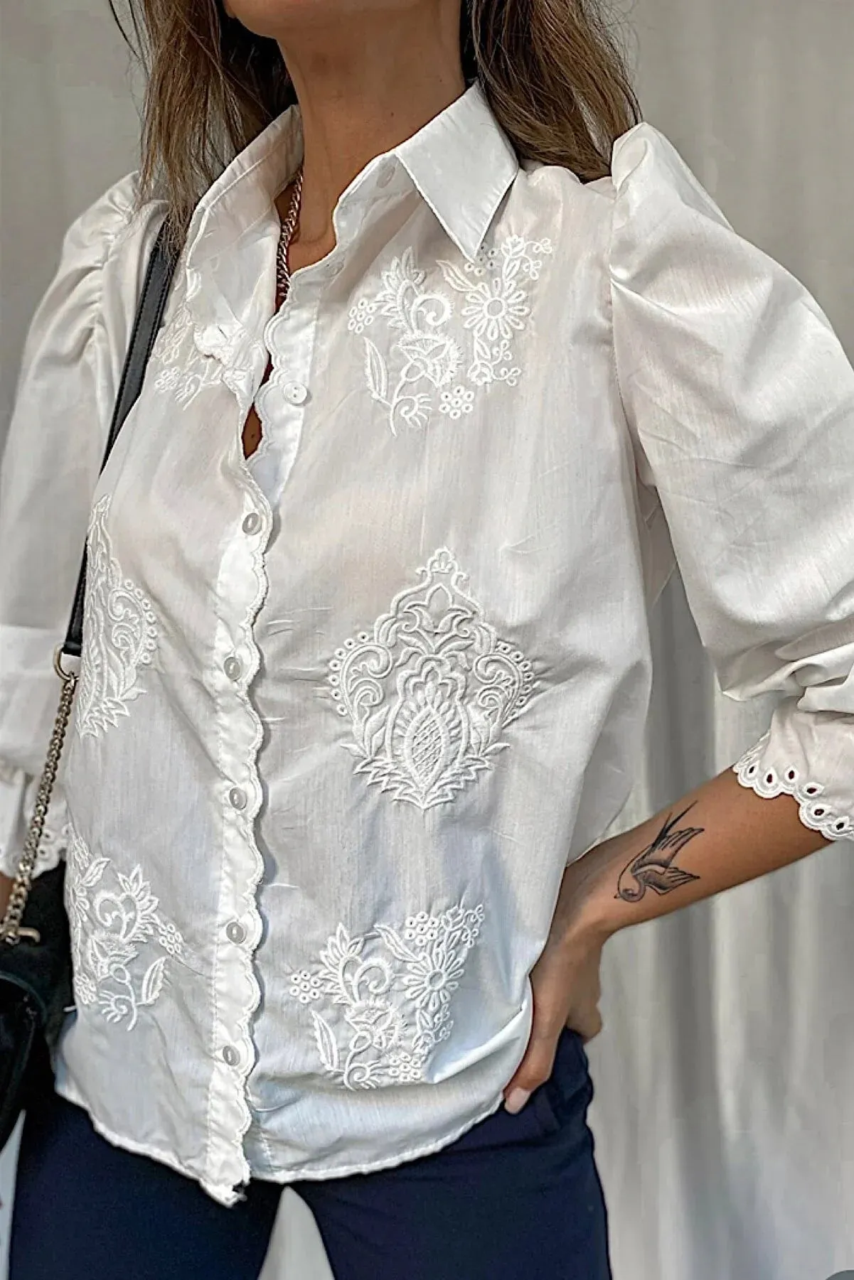 Embroidered White Cotton Blend Shirt