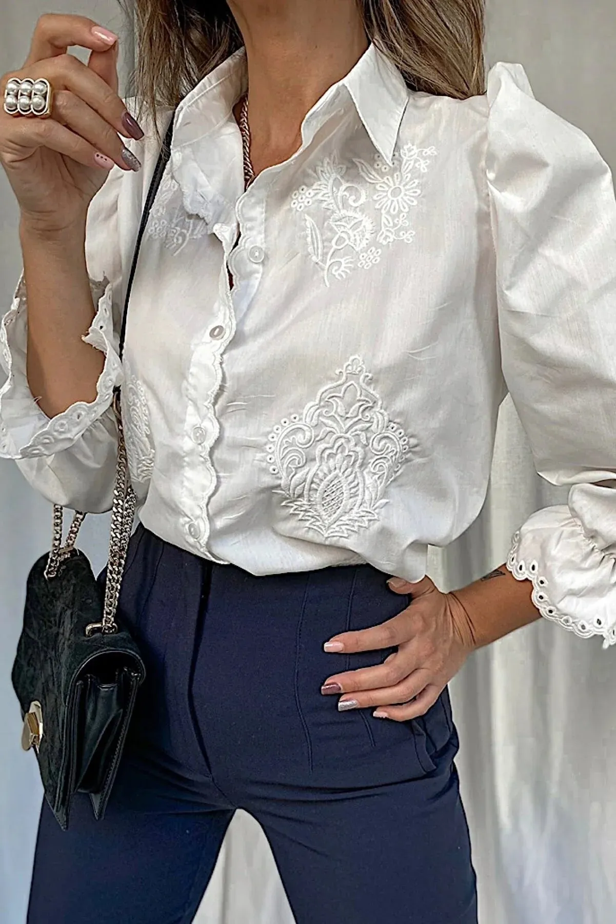 Embroidered White Cotton Blend Shirt