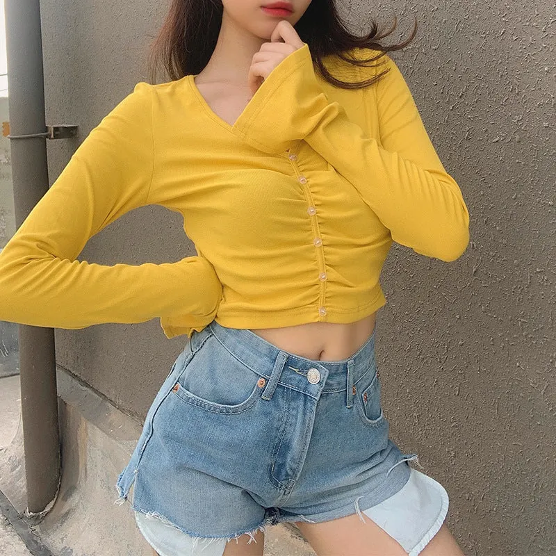 Europe Street Style INS Trendy Trendy Women Knitted Long Sleeved Fold Bare Belly Slim Look Tops Cardigan Outerwear