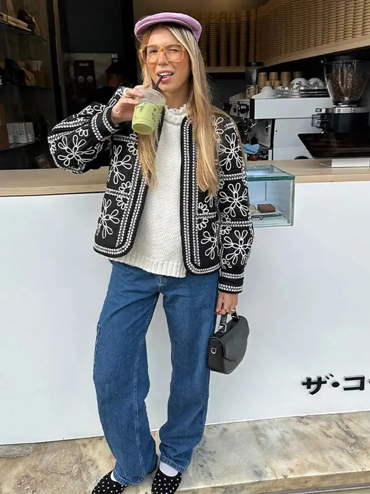 Fashionkova 2024 Fashion Printed Women's O-neck Long Lantern Sleeve Cotton Coats Chic Open Stitch Loose Crop Jackets Lady Retro Streetwear