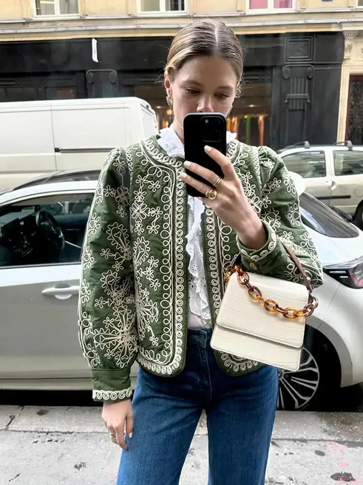 Fashionkova 2024 Fashion Printed Women's O-neck Long Lantern Sleeve Cotton Coats Chic Open Stitch Loose Crop Jackets Lady Retro Streetwear