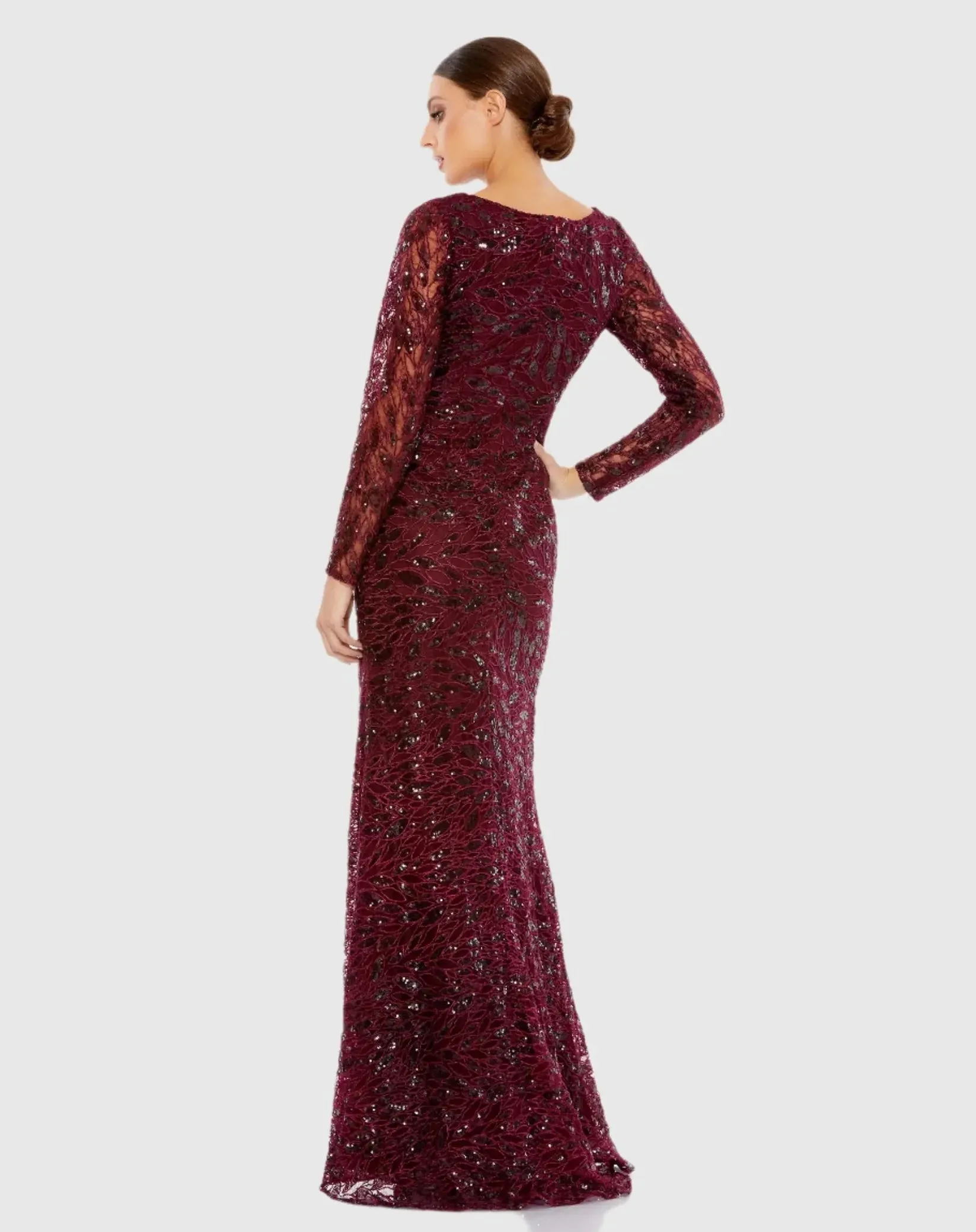 Faux Wrap Long Sleeve Gown w/ Appliqué Detail - Black