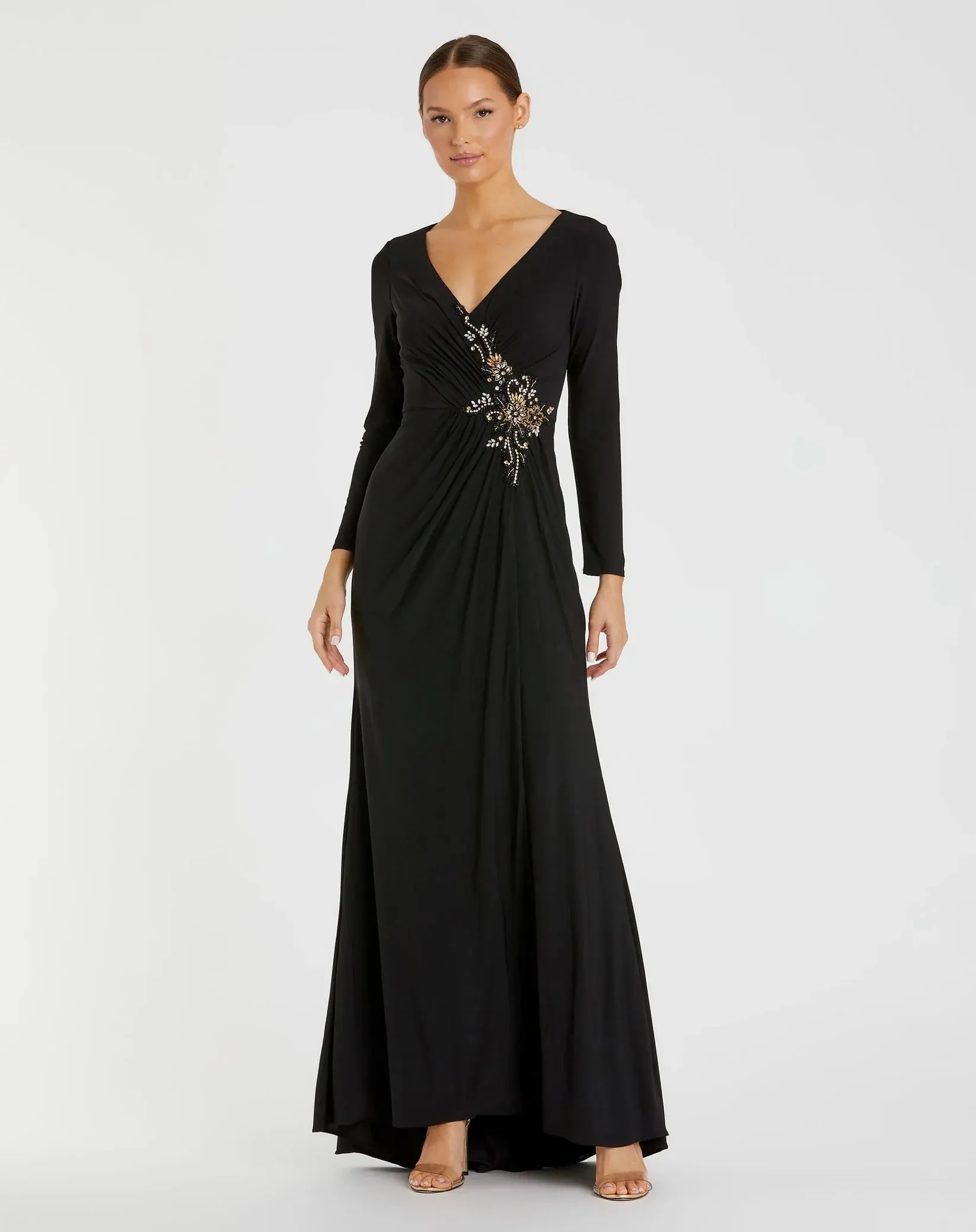 Faux Wrap Long Sleeve Gown w/ Appliqué Detail - Black