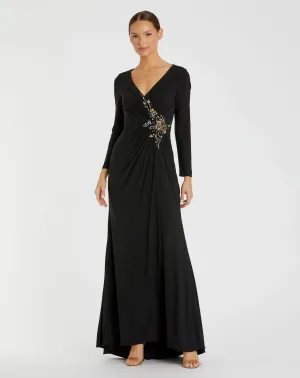 Faux Wrap Long Sleeve Gown w/ Appliqué Detail - Black