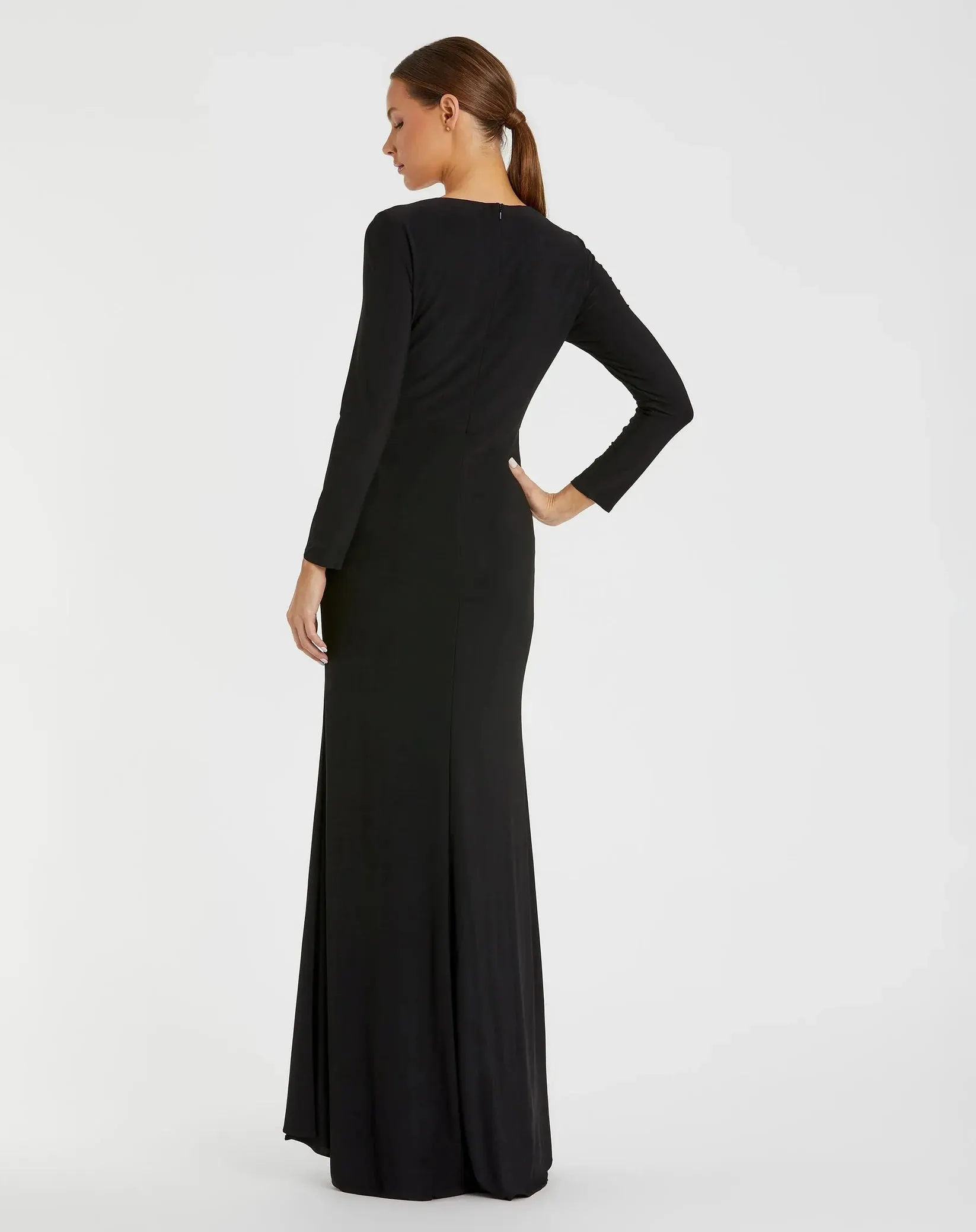 Faux Wrap Long Sleeve Gown w/ Appliqué Detail - Black