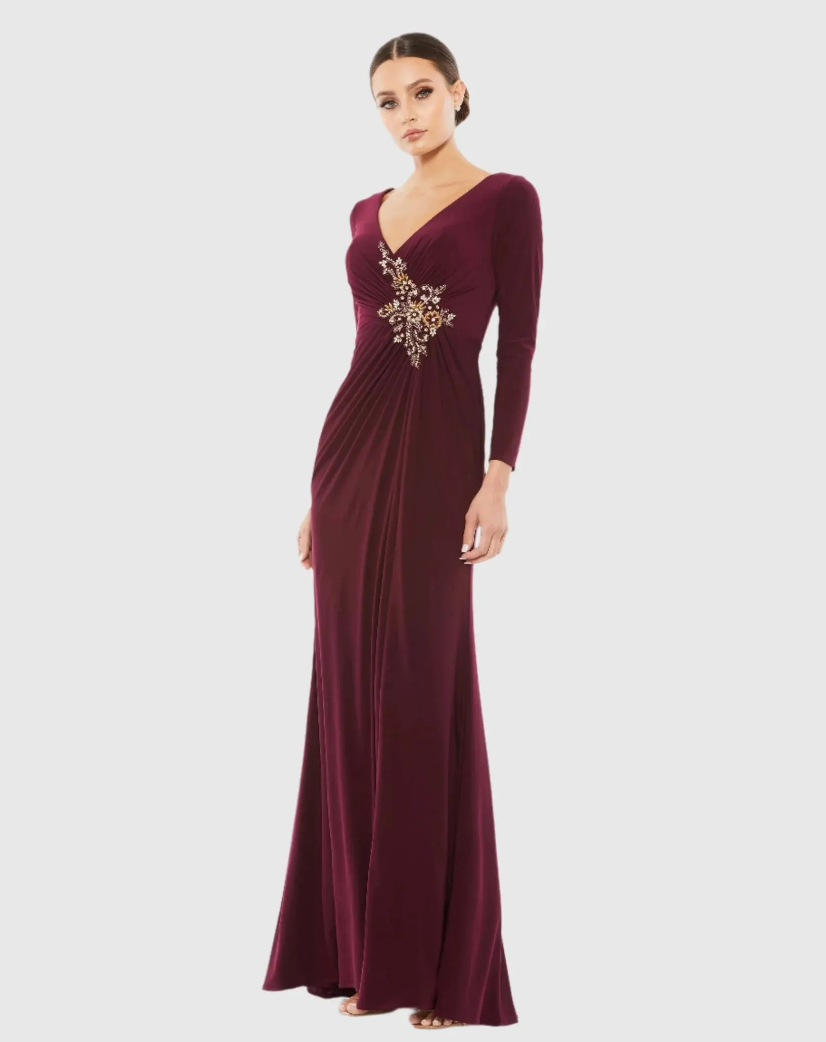 Faux Wrap Long Sleeve Gown w/ Appliqué Detail - Black