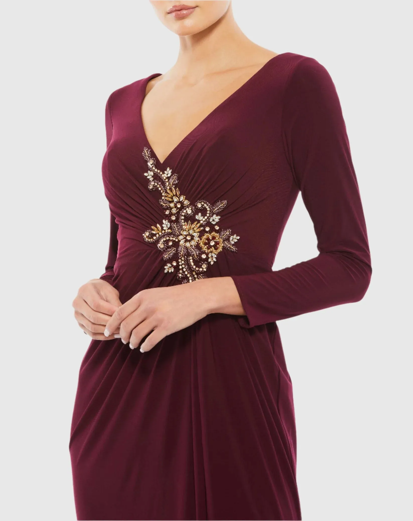 Faux Wrap Long Sleeve Gown w/ Appliqué Detail - Black