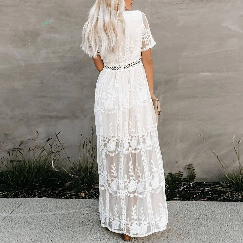 Floral Elegant White Lace Embroidered Maxi Dress